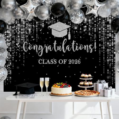 Class of 2026 Backdrop Black Silver Glitter Bokeh Graduation Party Background 2026 Congrats Grad Prom Party Cake Table Decoration Photo Booth Props (7x5ft)