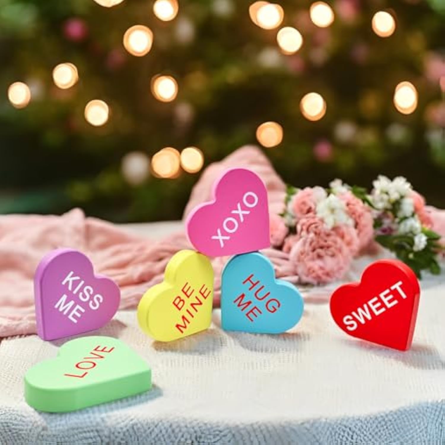 Valentines Day Conversation Hearts Decorations For Home Table, 6 Pcs Wooden Candy Heart Shaped Signs Decor For Office Tiered Tray Mantel Shelf, Valentines Gifts For Him Her Anniversary Party