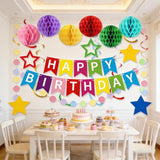 Birthday Banner Decorations With Honeycomb Balls, Stars, Circle Dots Garland Swirl Streamer Happy Birthday Party Decorations Supplies For Party(Multicolour)