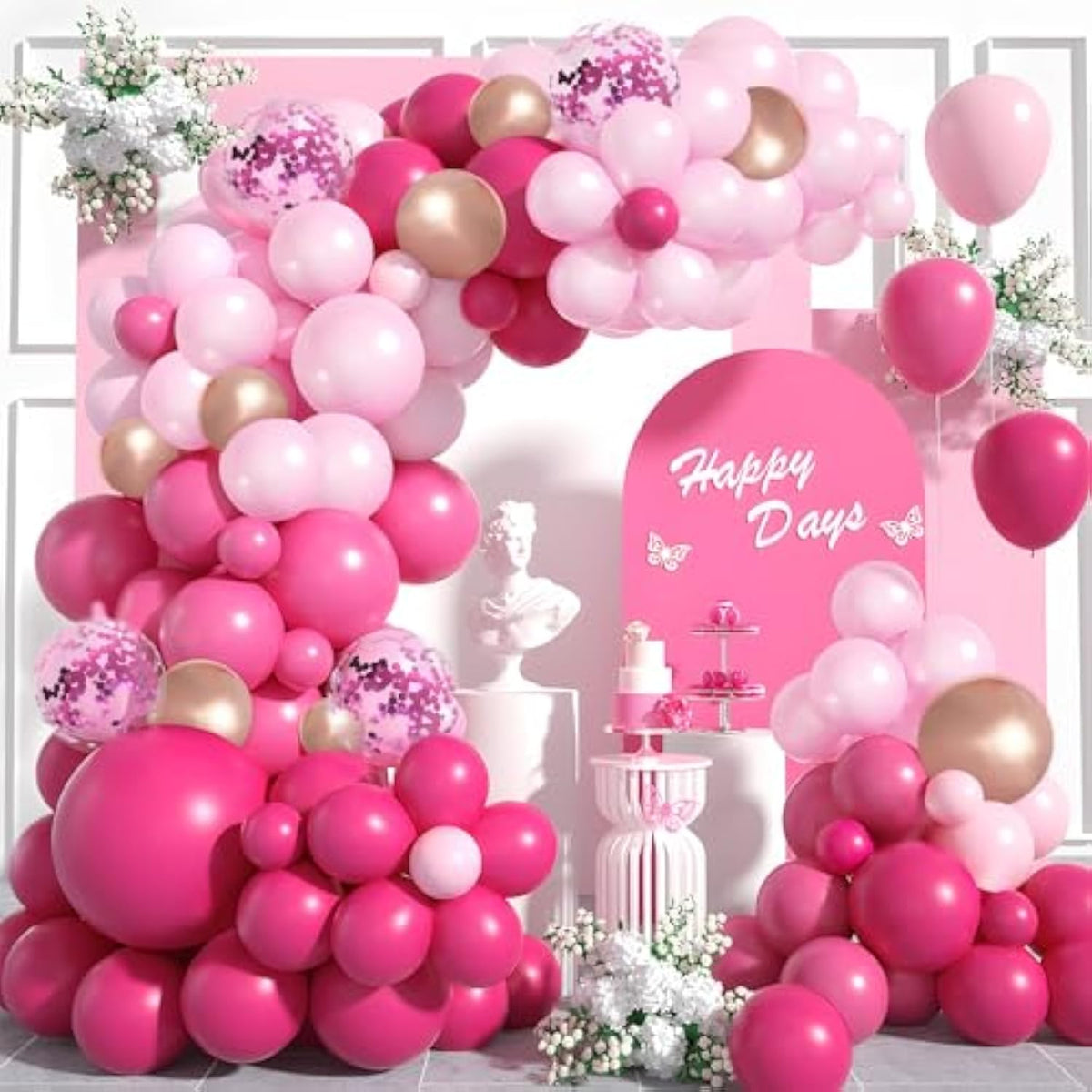 131Pcs Pink Balloons Arch Kit, 18 12 10 5 Inch Hot Pink Balloon Garland Kit Metallic Rose Gold Confetti Balloons, Pink Balloons Party Decoration For Birthday, Wedding, Anniversary, Princess
