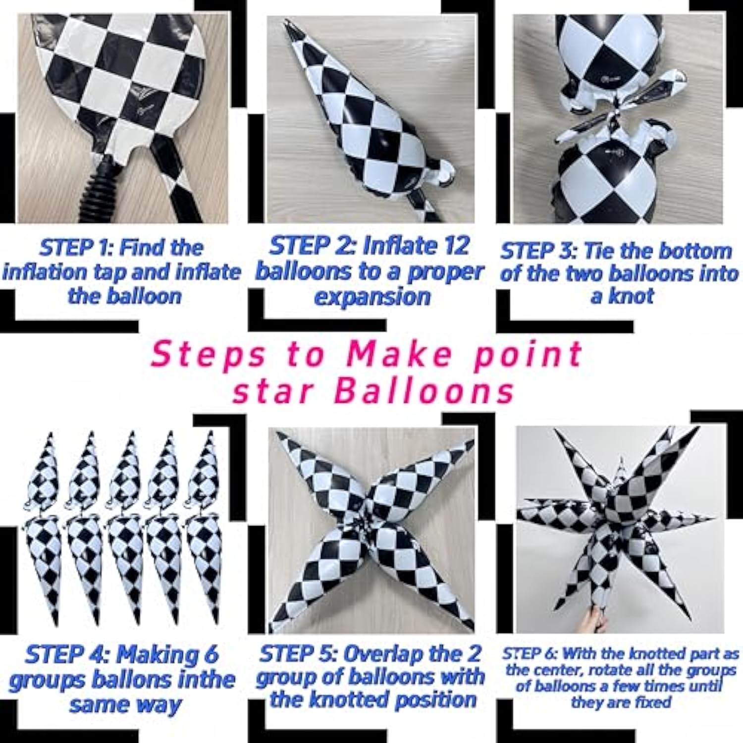 2*12 Pcs Black White Checkered Explosion Pointed Star Foil Balloons/4D Checkered Racing Balloons/Race Car Birthday Party Supplies/Las Vegas Casino Party/Father'S Day Boys Birthday Party (2 Pcs Black)