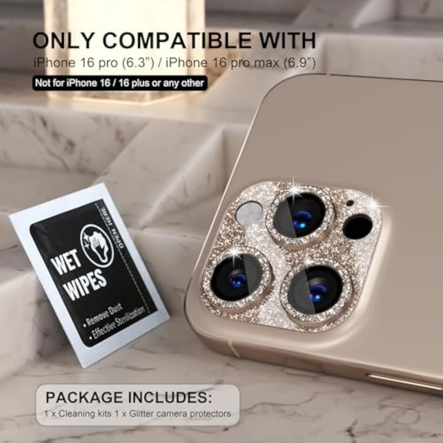 Compatible For Iphone 16 Pro/Iphone 16 Pro Max Camera Lens Protector, Bling Camera Cover With 9H Tempered Glass Lens Screen Protector Metal Ring Accessories (Glitter-Titanium Desert)