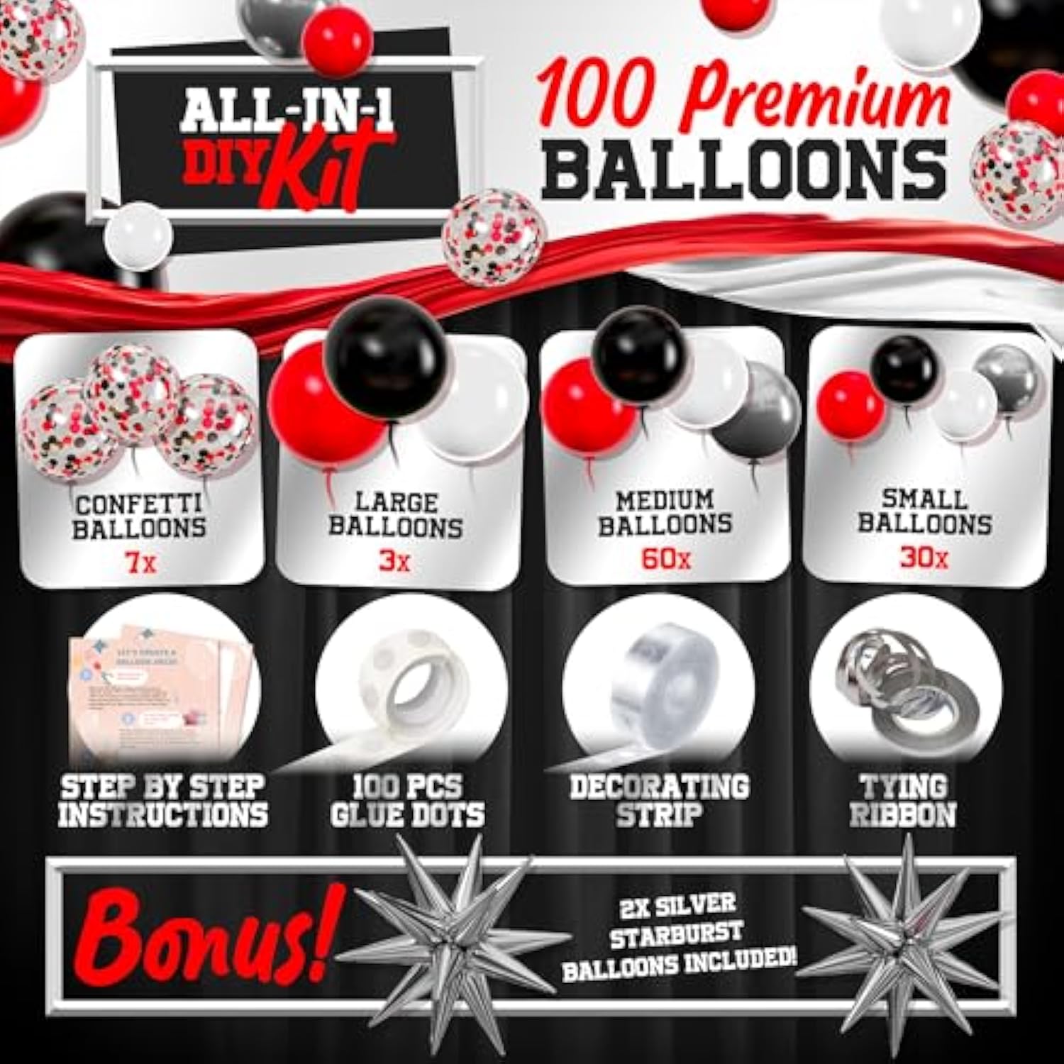 All-In-1 Red Black And White Balloon Arch Kit For Red And Black Birthday Party Decorations – Reds And Blacks Balloons For White Black And Red Balloon Garland Kit – Graduation Black And Red Balloons