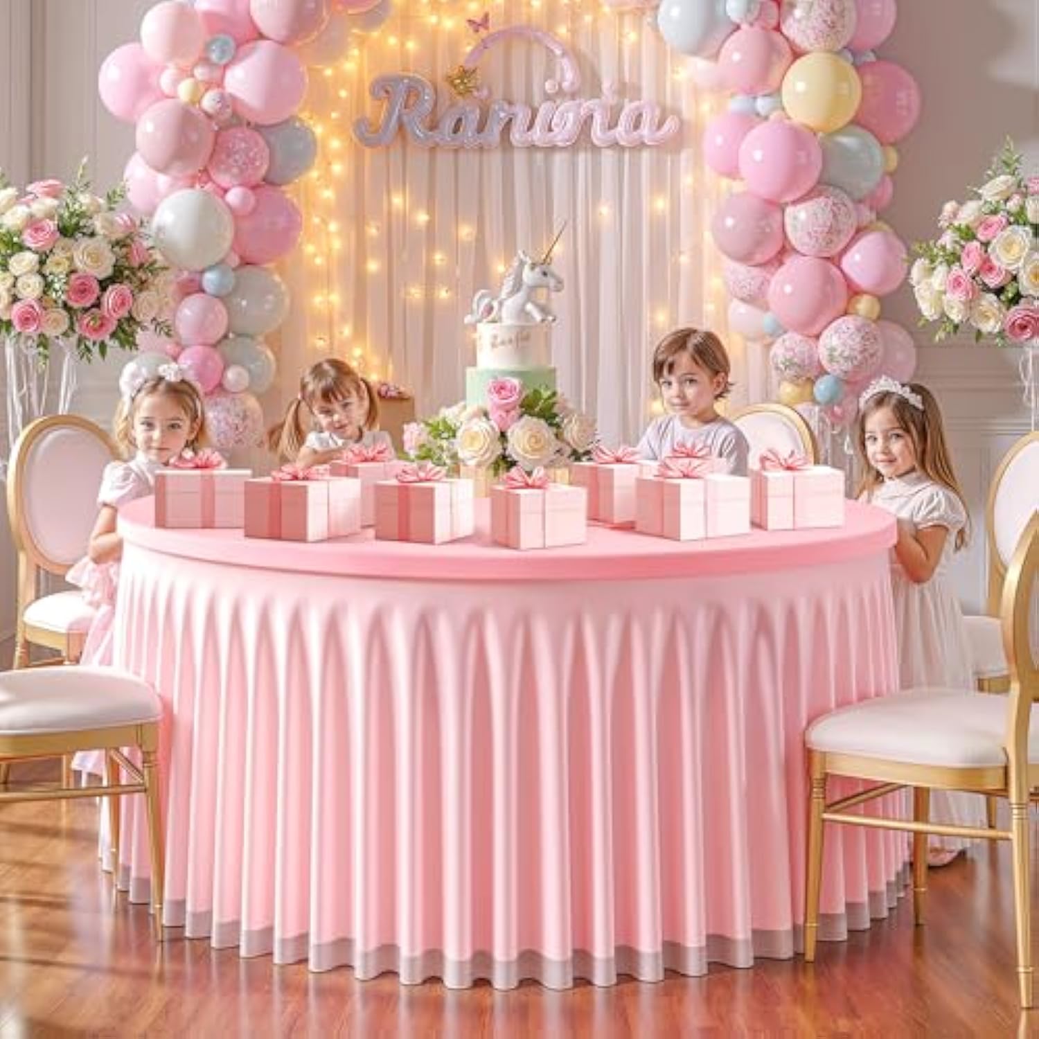 Pink Tulle Tablecloth 48 Inch Spandex Elastic Round Table Cloths Ruffle Tutu Skirt 4Ft Wrinkle Free Stretch Fitted Round Table Cover For Baby Shower Wedding Girls Birthday Party Banquet Cake