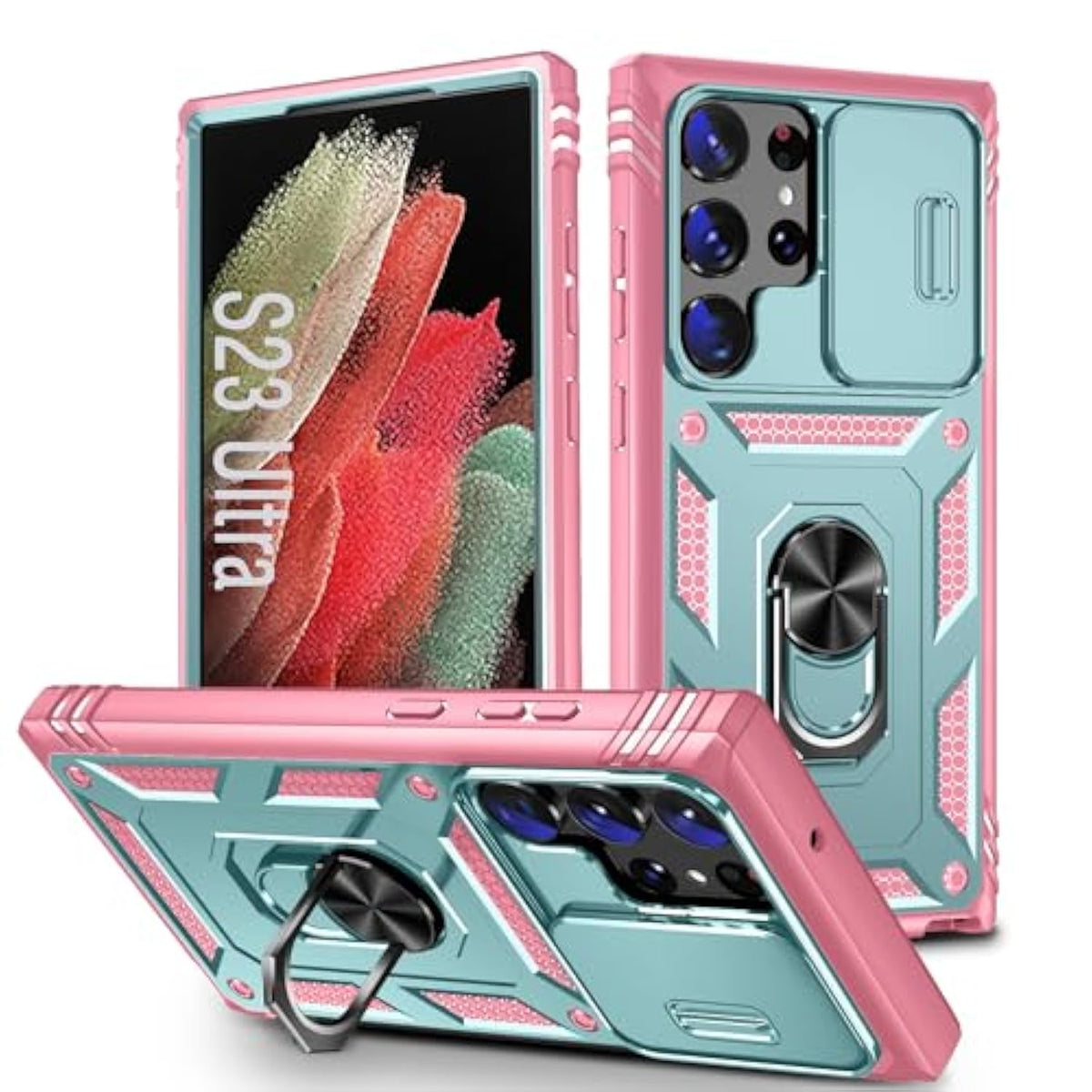 Case For Galaxy S23 Ultra, Slide Lens Protective Case Shockproof Impact Resistant With Kickstand Cover Case For Samsung Galaxy S23 Ultra 6.8" (Pink Green)