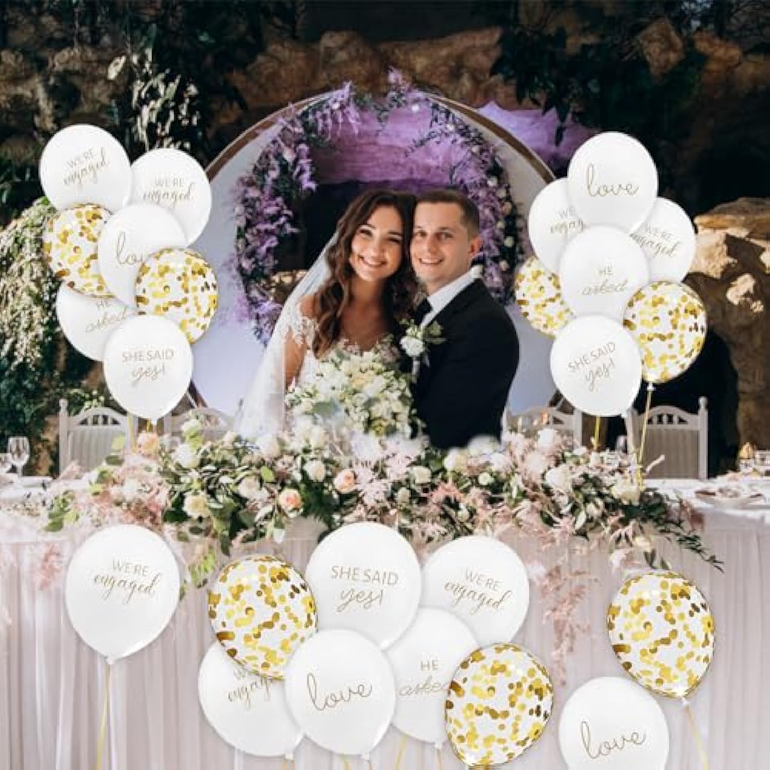 50pcs Engagement Balloons – "He Asked, She Said Yes" & Gold Confetti Decor
