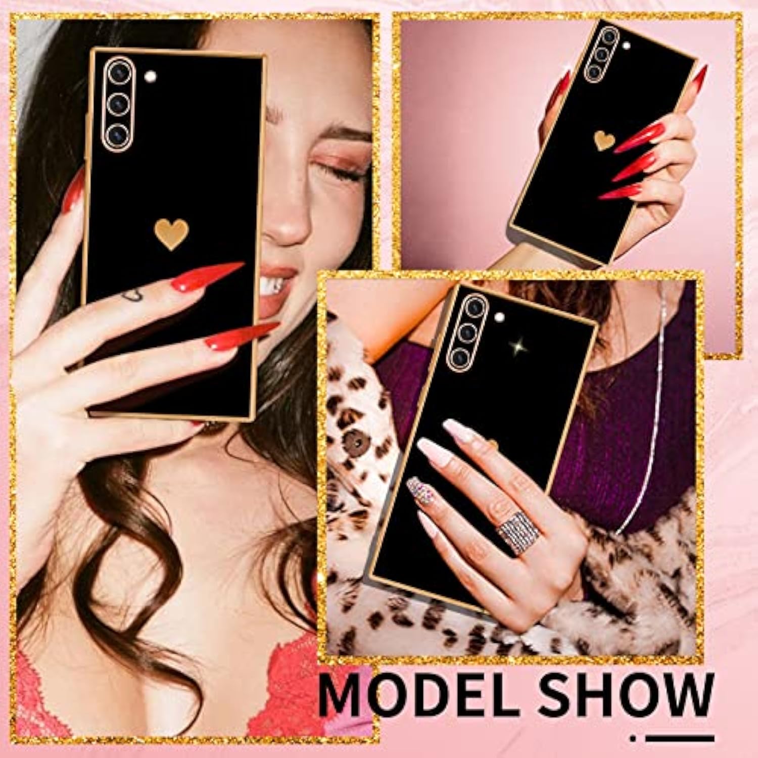 (3In1 Heart Case For Samsung Galaxy Note 10 5G/4G 6.3 Inch Women Cute Aesthetic Love Hearts Pattern Girls Black Gold Luxury Girly Design Cases Trendy Cover+Chain For Note10 Note10 5G