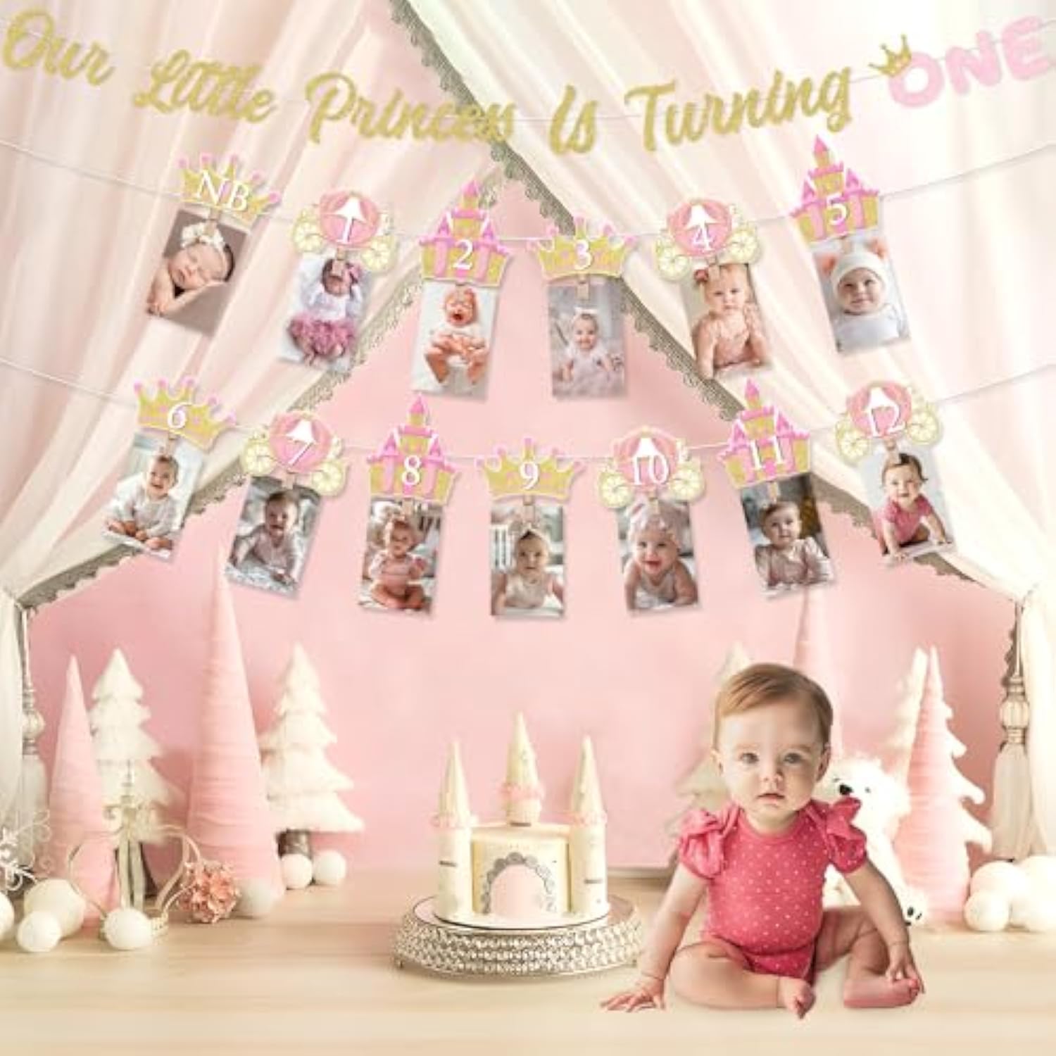 Princess First Birthday Decorations Girl, Princess Theme 1St Birthday Photo Banner Crown Our Little Princess Is Turning One Banner Glitter For 1 Year Old Girl 1St Birthday Party Decorations