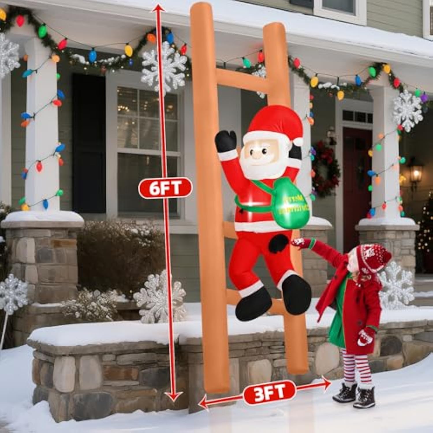 6Ft Climbing Santa On Ladder Inflatable, Christmas Blow Up Yard Decoration With Led Lights, Funny Outdoor Lawn Decor For