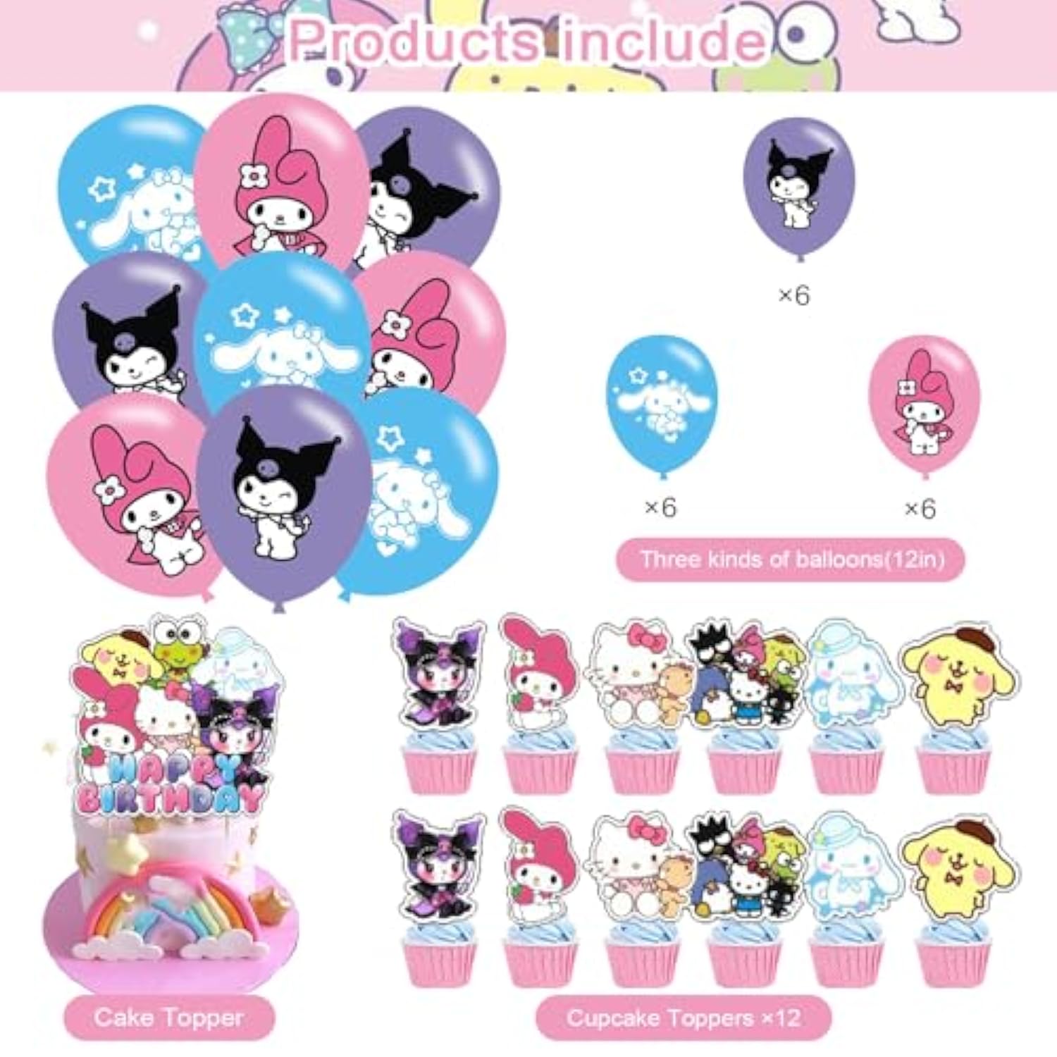 Birthday Party Supplies,Cute Anime Party Including Cake Caps, Cupcake Caps, Flags, Latex Balloons, It Is Very Suitable For Birthday Party Supplies.