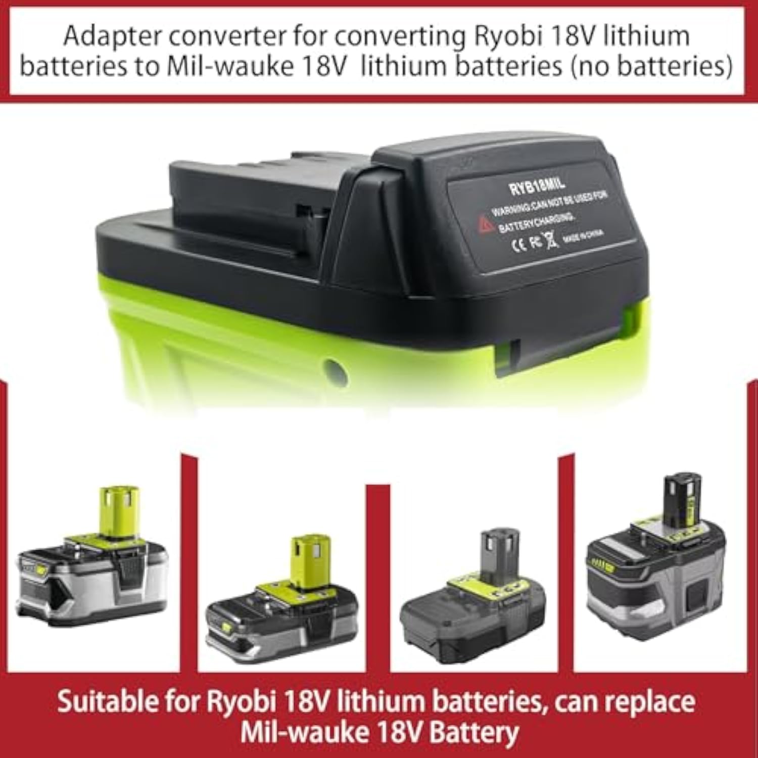 Adapter For Ryobi 18V Battery, Convert To Replace For Milwaukee M18 18V Lithium Battery For Milwaukee M18 18V Power Tools(Ryb18Ml Adapter Not Battery)