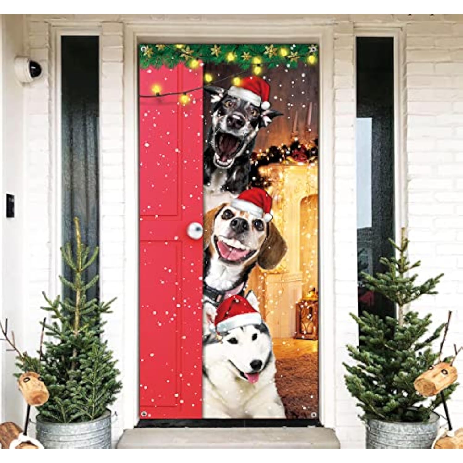 Funny Merry Christmas Door Cover - Large Cute Santa Dogs Banner For Front Door Decoration - Xmas Party Photography Background