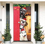 Funny Merry Christmas Door Cover - Large Cute Santa Dogs Banner For Front Door Decoration - Xmas Party Photography Background