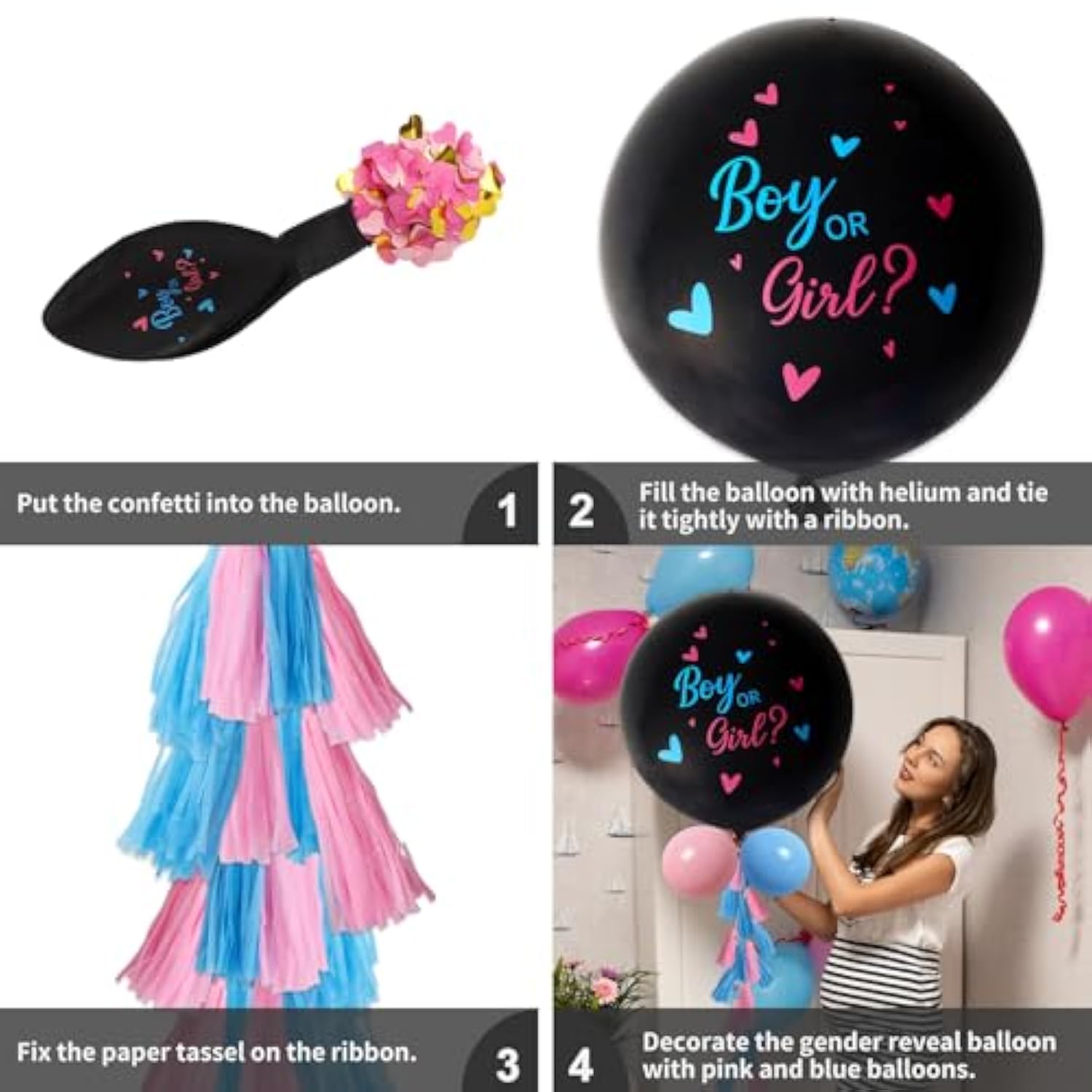 Gender Reveal Balloon Kit, 2Pcs 36" Jumbo Black Baby Boy Or Girl Balloons With Heart Shaped Paper Confetti, Blue Pink Balloons And Tassels For Baby Shower Gender Reveal Party