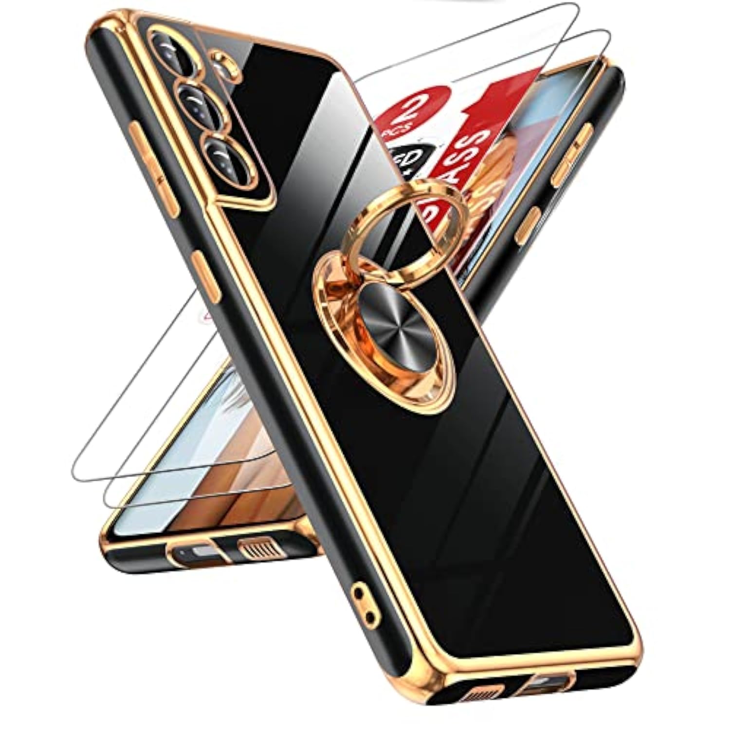 For Samsung Galaxy S21 Fe 5G Case: With Tempered Glass Screen Protector [2 Pack] 360° Rotatable Ring Holder Magnetic Kickstand, Plating Rose Gold Edge Protective Case, Black