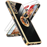 For Samsung Galaxy S21 Fe 5G Case: With Tempered Glass Screen Protector [2 Pack] 360° Rotatable Ring Holder Magnetic Kickstand, Plating Rose Gold Edge Protective Case, Black