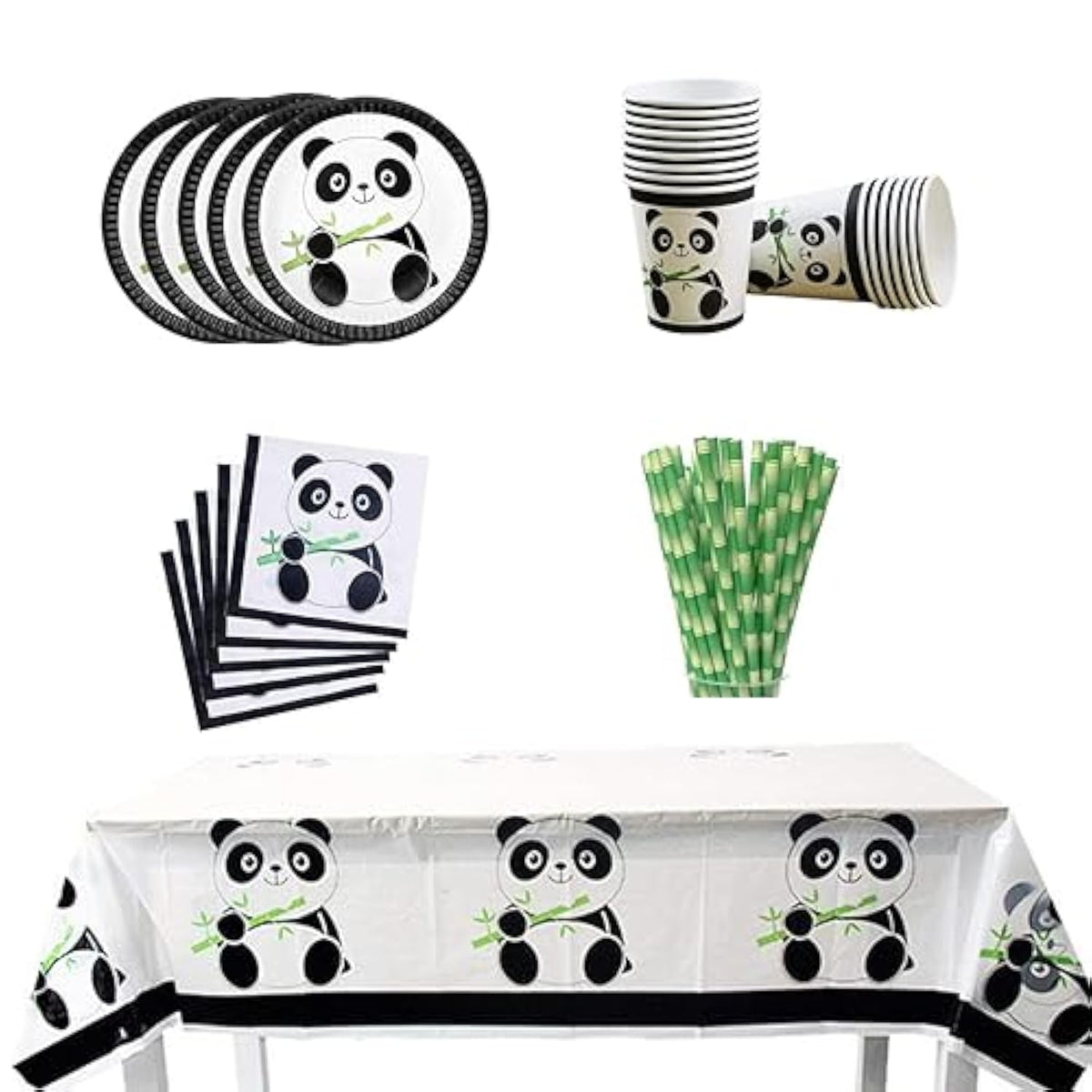 66 Pcs Panda Disposable Tableware Set Panda Party Supplies With Panda Plates Cups Napkins Straws Tablecloth For Kids Baby Shower Birthday Decorations