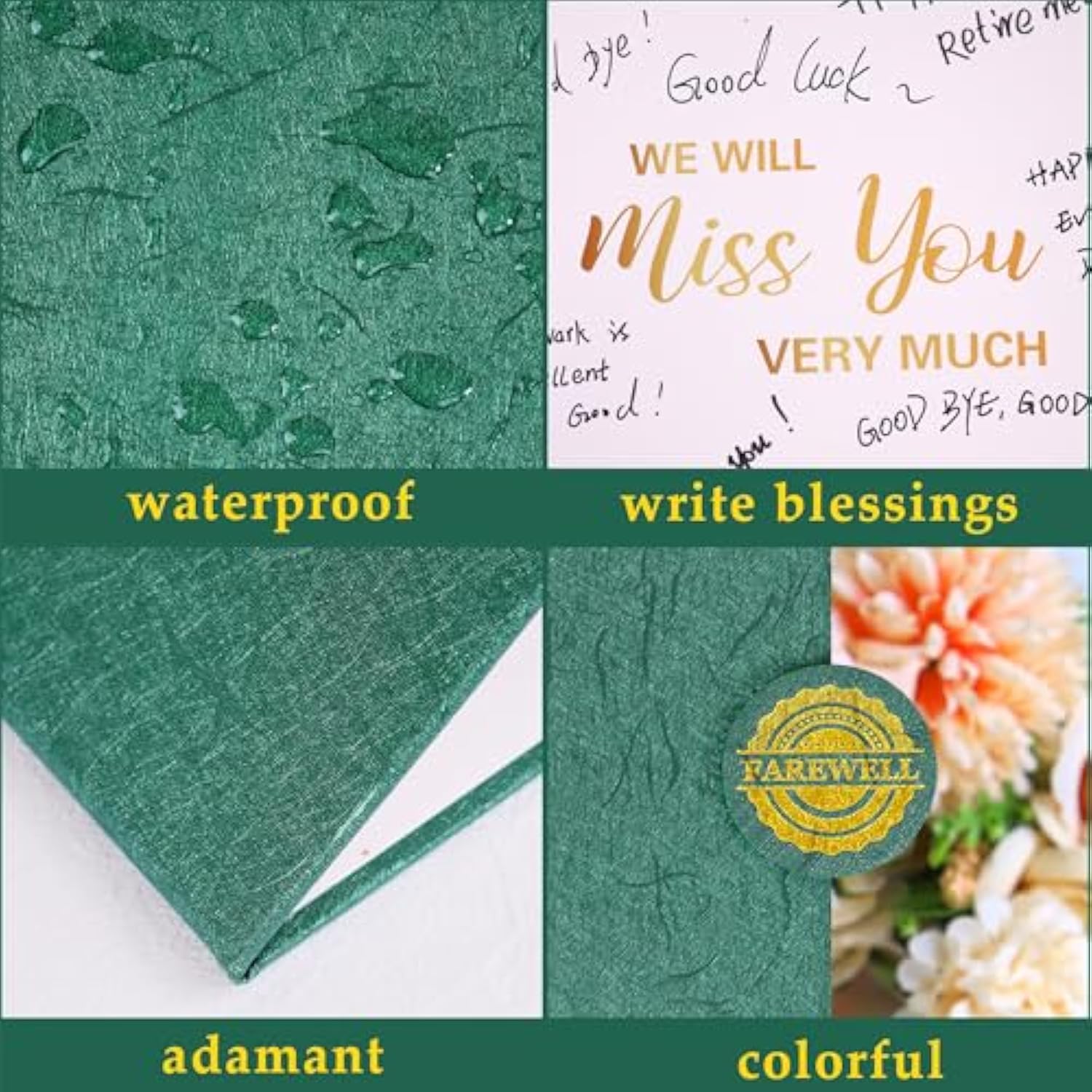 Farewell Party Decorations, Green Gold We Will Miss You Very Much Alternative Signature Guest Book For Men Women Going Away Gifts Signing Card Board For Retirement Graduation Party Supplies