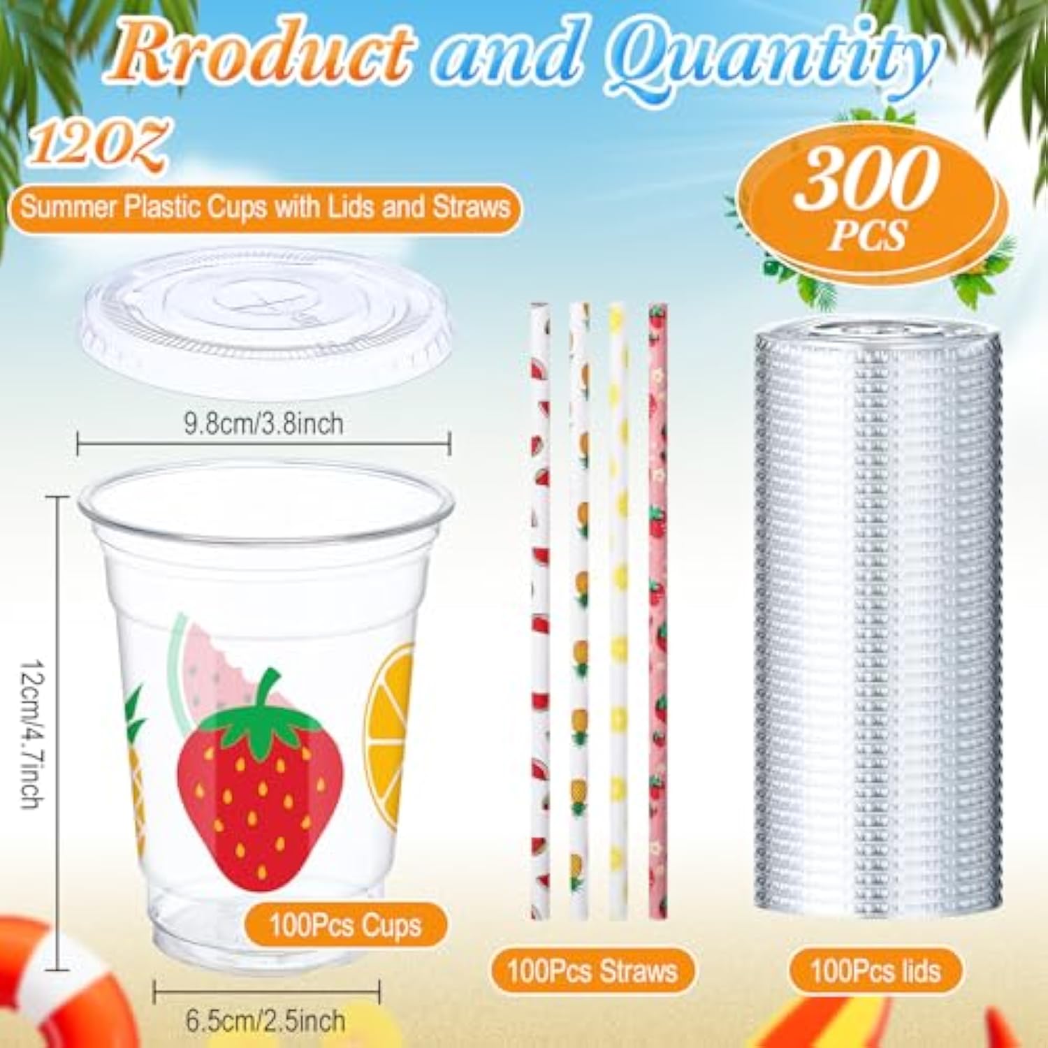 300 Pcs Fruit Disposable Plastic Cups With Lids And Straws 12Oz Summer Party Favors Cups Fruit Disposable Clear Cups Summer Fruit Theme Party Supplies Favors