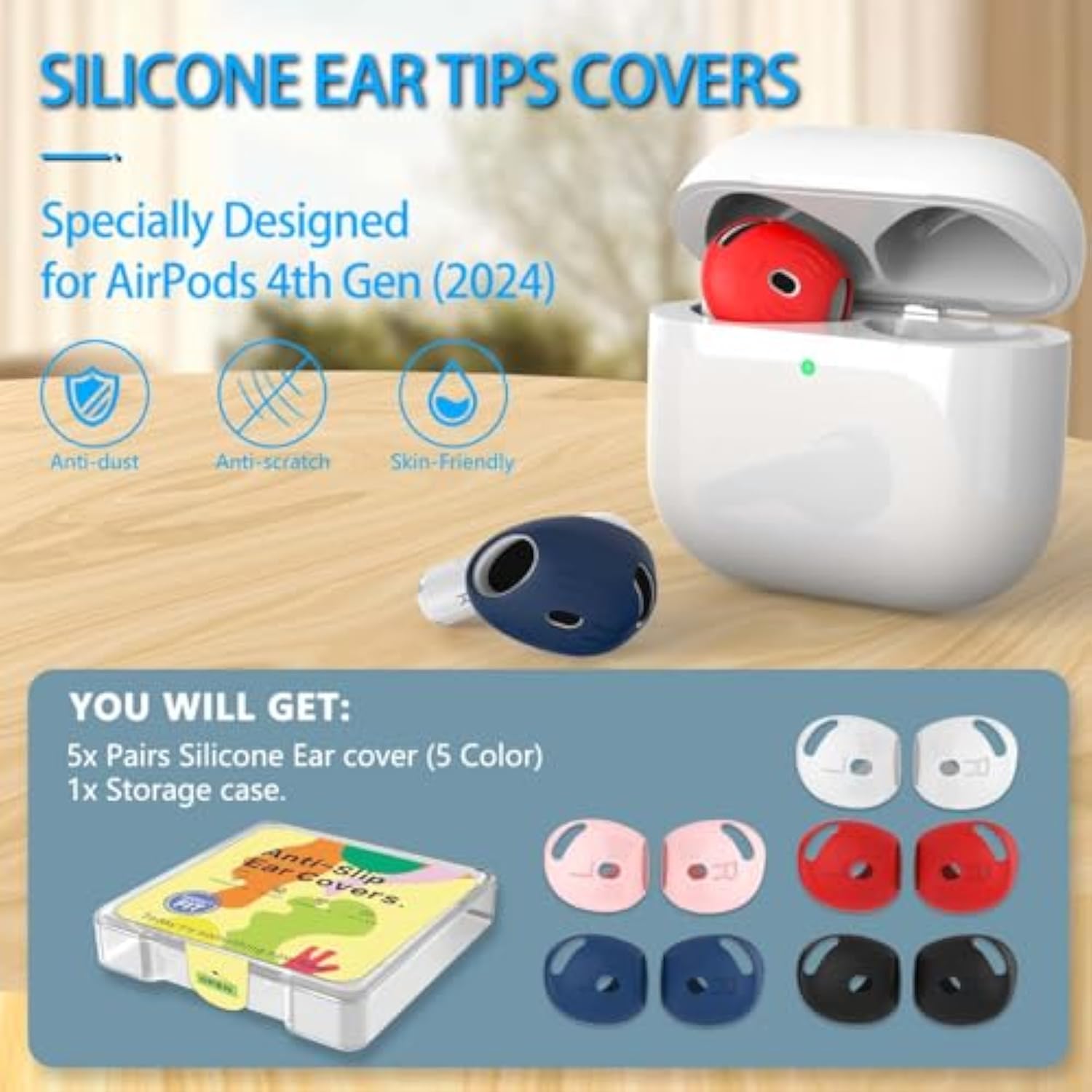 5 Pairs For Airpods 4 Ear Tips Cover, Silicone Airpod 4 Earbuds Cover Anti Slip Soft Air Pod 4 Accessories Compatible With Airpods 4Th Generation 2024 [Fit In Charging Case] - 5 Color