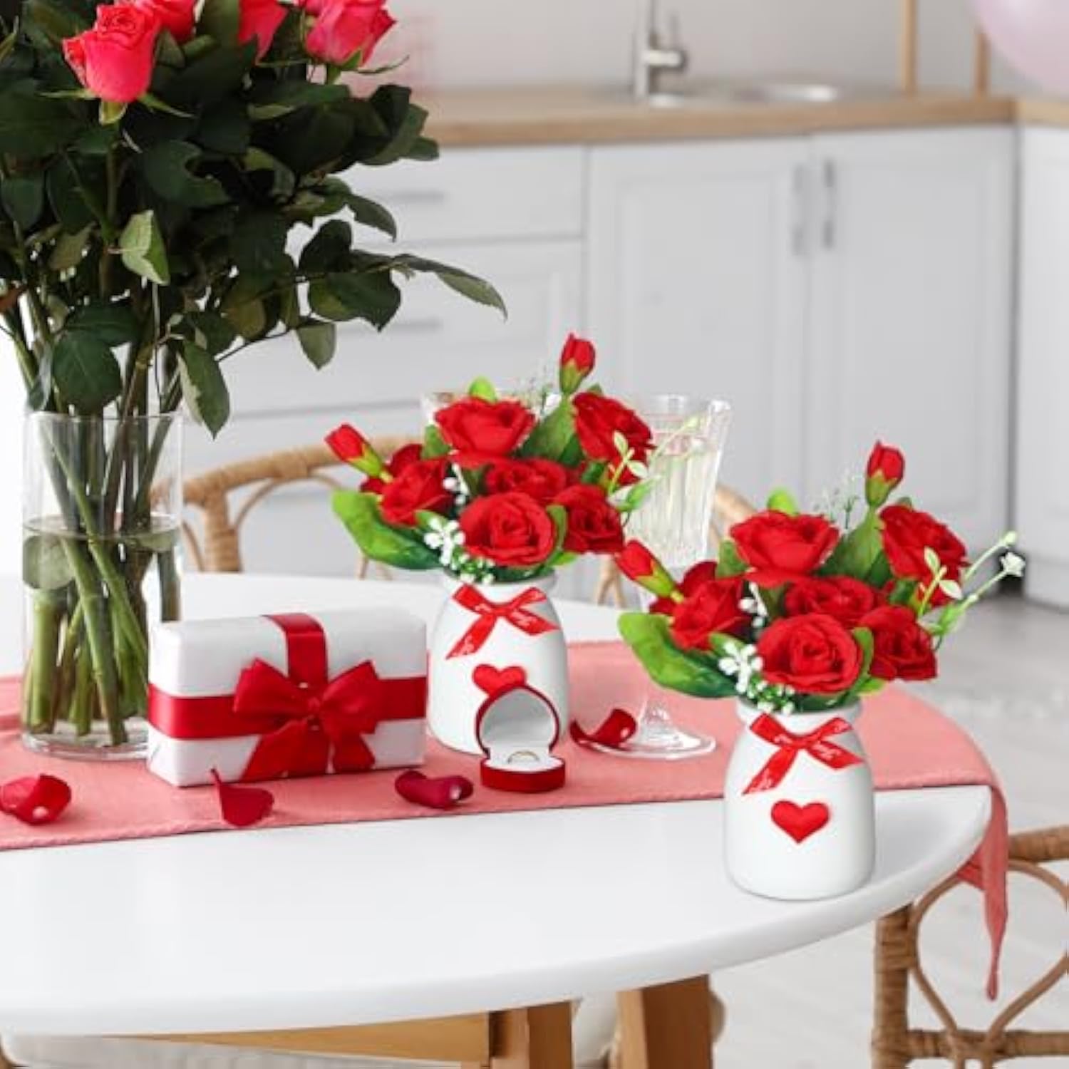 2 Pcs Valentine'S Day Vase Decor Roses Valentine'S Day Tiered Tray Mini Floral Arrangement Valentines Tiered Tray Decor Mini Roses Vase Fake Floral Bunch Decorations For Party Supplies