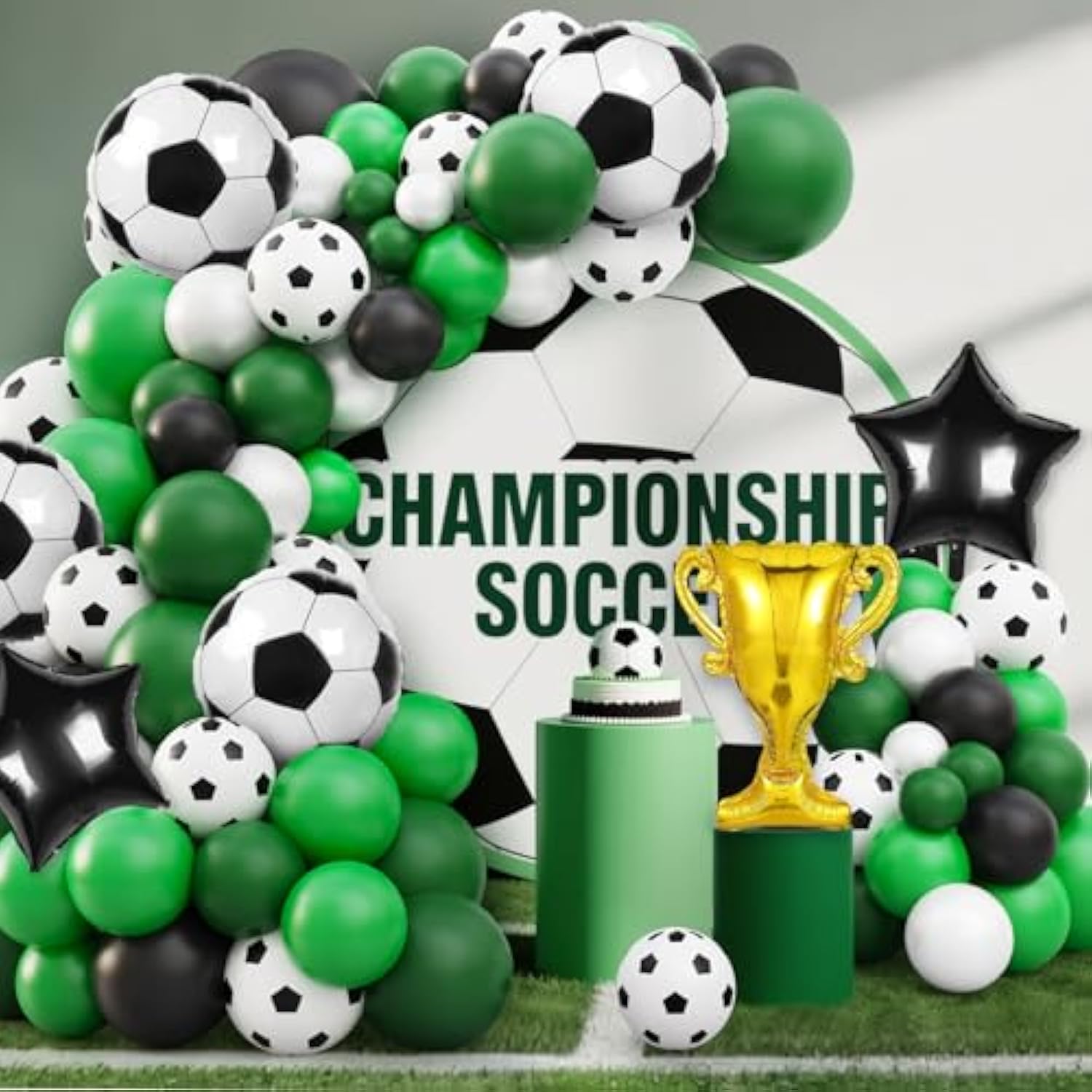 Soccer Party Decorations, 113Pcs Soccer Party Balloon Garland Arch Kit Green White Black Balloons With Soccer Foil Balloons For Soccer Theme Birthday Party Decorations