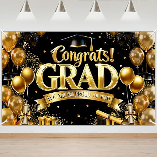 Graduation Banner Gold and Black Congratulations Class of 2026 Backdrop Graduation Party Decorations Photo Booth Props (6x3.6ft)