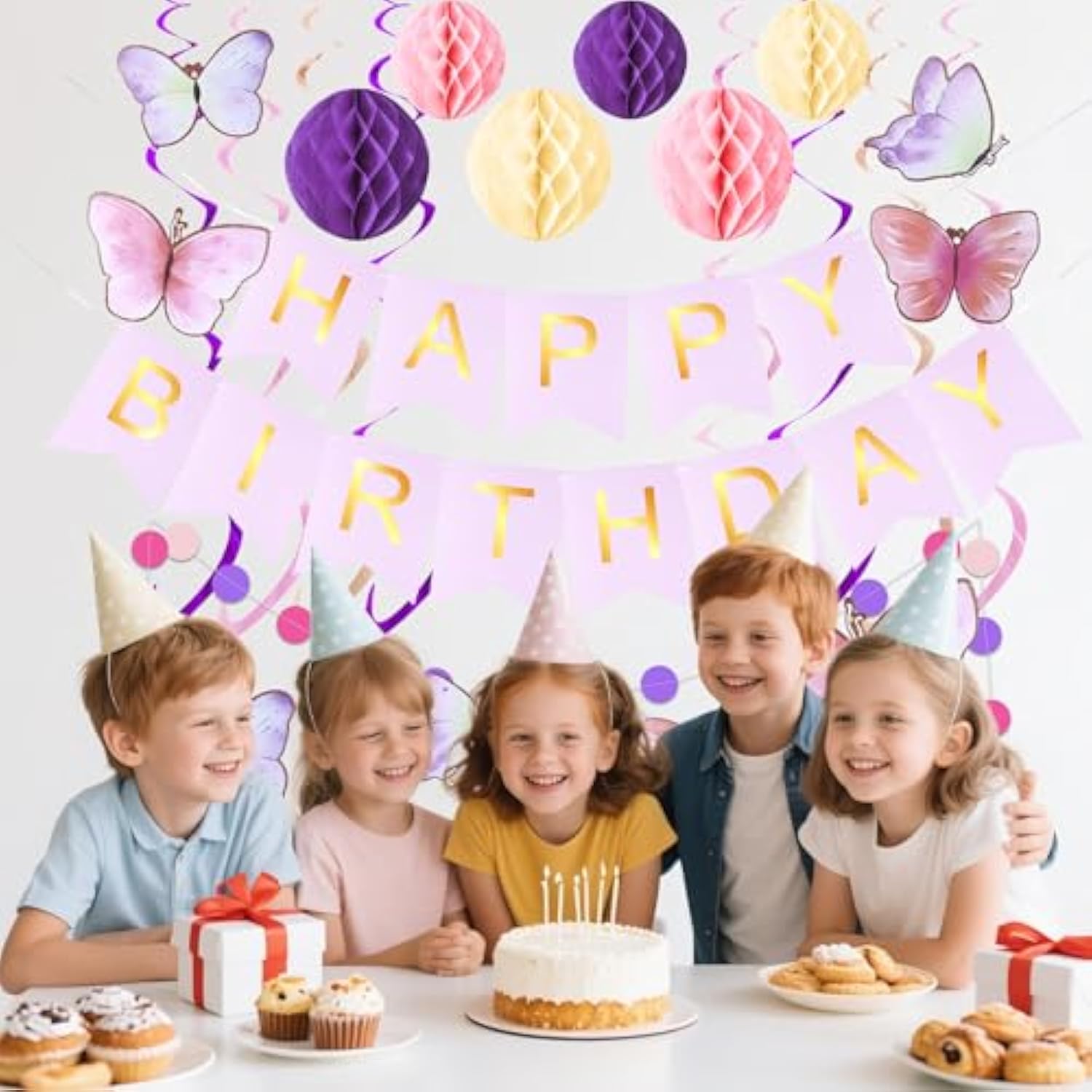 Birthday Decorations, Happy Birthday Banner With Honeycomb Balls, Butterfly Hanging Swirl Streamers, Circle Dots Garland, Happy Birthday Party Decorations For Women Girls