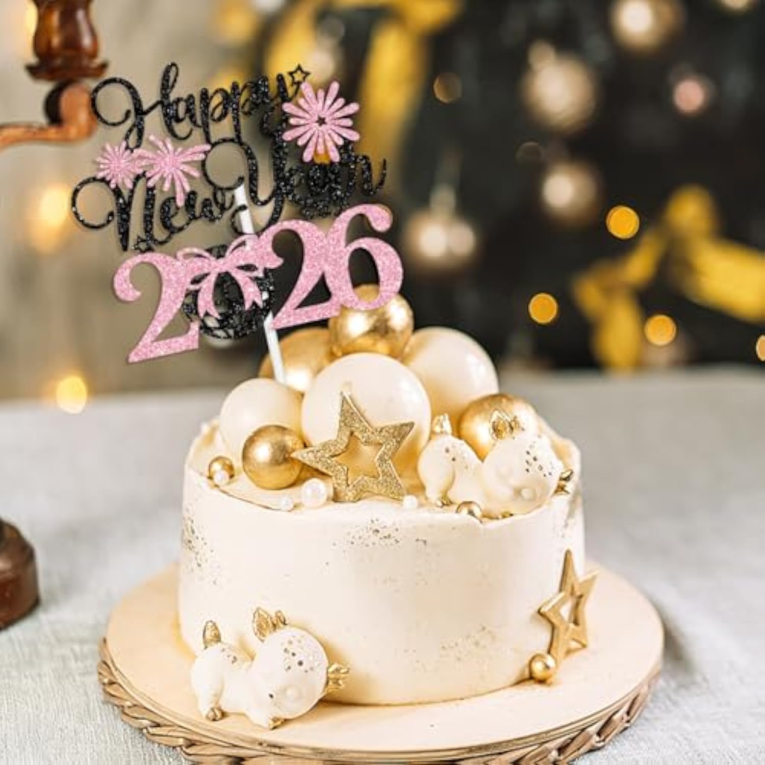Happy New Year 2026 Cake Topper Black Pink Glitter for Holiday Party