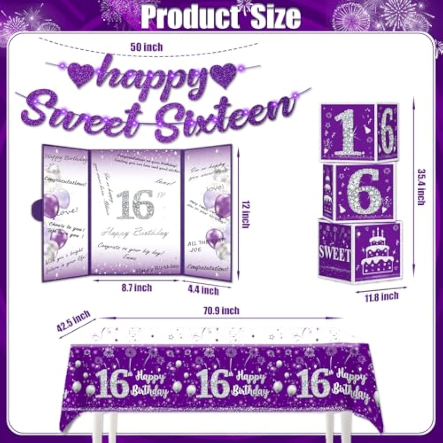 104Pcs Sweet 16 Birthday Decorations For Girls, Purple Sweet 16 Party Decorations Include Banner Balloons Balloons Box Tiara Sash Caketopper Guest Book Tablecloth Foil Fringe Curtain