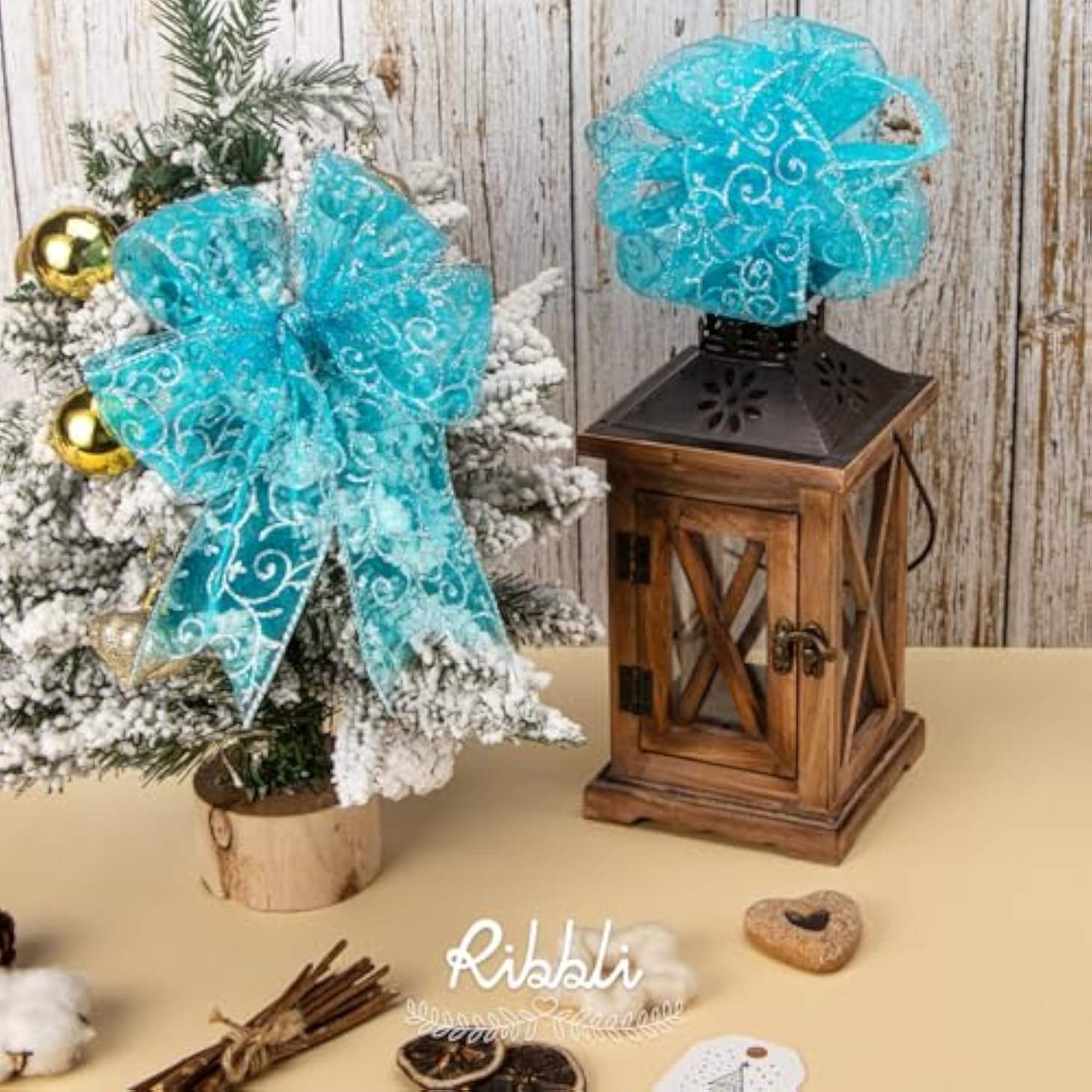 Swirl Glitter Wired Ribbon, Turquoise Blue Organza Sheer Ribbon With S