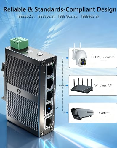 Industrial 5-Port Gigabit Ethernet Switch,10/100/1000Mbps Network Switch, Din Rail & Wall Mountable, 10Gbps Switching Capacity