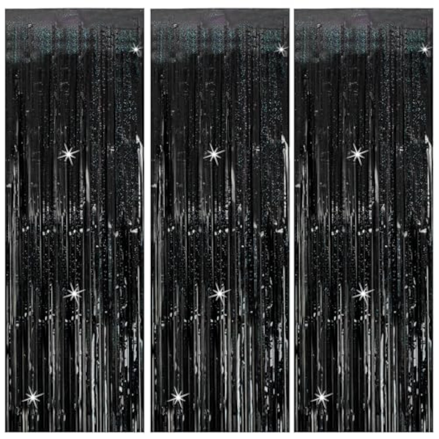 3Pack Black Tinsel Streamer Backdrops, Foil Fringe Curtains for Halloween & Party Decor