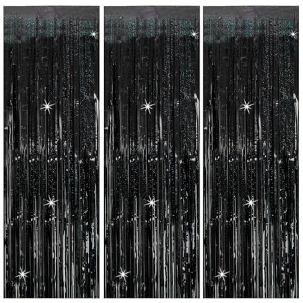 3Pack Black Tinsel Streamer Backdrops, Foil Fringe Curtains for Halloween & Party Decor