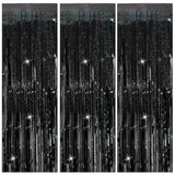 3Pack Black Tinsel Streamer Backdrops, Foil Fringe Curtains for Halloween & Party Decor