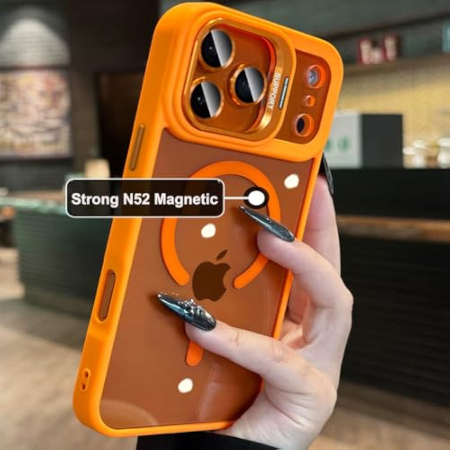 iPhone 17 Pro Max Magnetic Case with Kickstand, Compatible with MagSafe, Built-in Stash Stand, Clear Shockproof Soft Cover Camera Lens Protection Case for iPhone 17 Pro Max 6.9", Orange