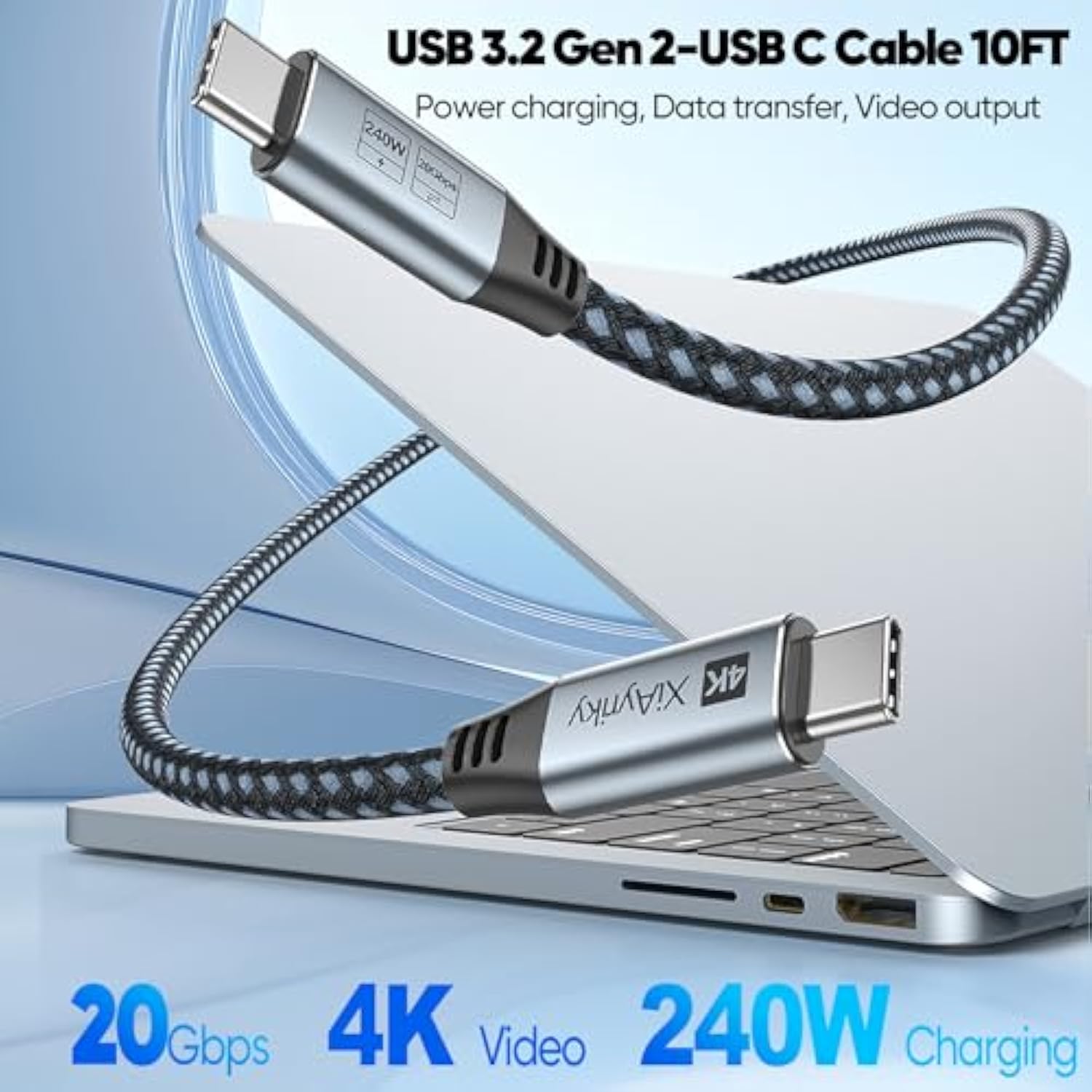 Usb C To Usb C Cable 10Ft Long,Type-C Video Data Charging Cable (4K@144Hz, 20Gbps, 240W), Usb 3.2 Gen 2 (Thunderbolt 3/4/5 Compatible) For Laptop,Phone, Monitor, Tablets, Docking, Ssd,Camera