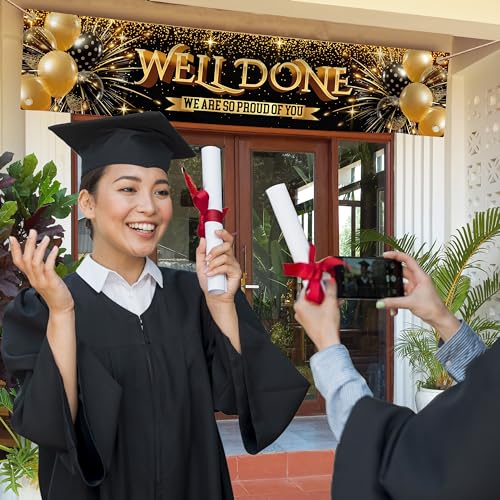 Well Done Congratulations Banner - We Are so Proud of You - Graduation Decorations for Prom - 6 x 1.3ft (Black and Gold)
