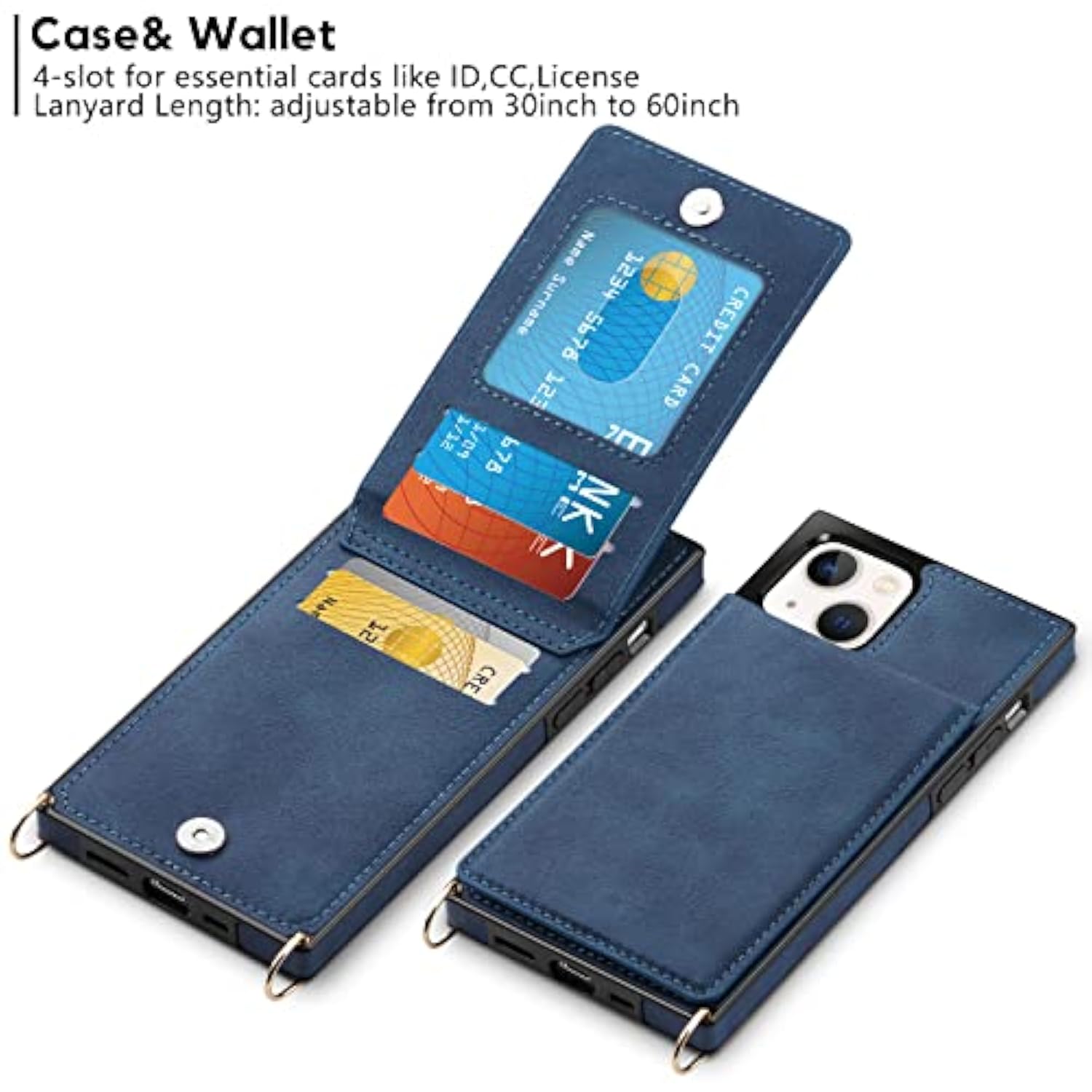 For Iphone 13 Wallet Case With Credit Card Holder Lanyard Crossbody Strap Leather Magnetic Clasp Kickstand Heavy Duty Protective Flip Cover For Iphone 13 6.1 Inch Navy