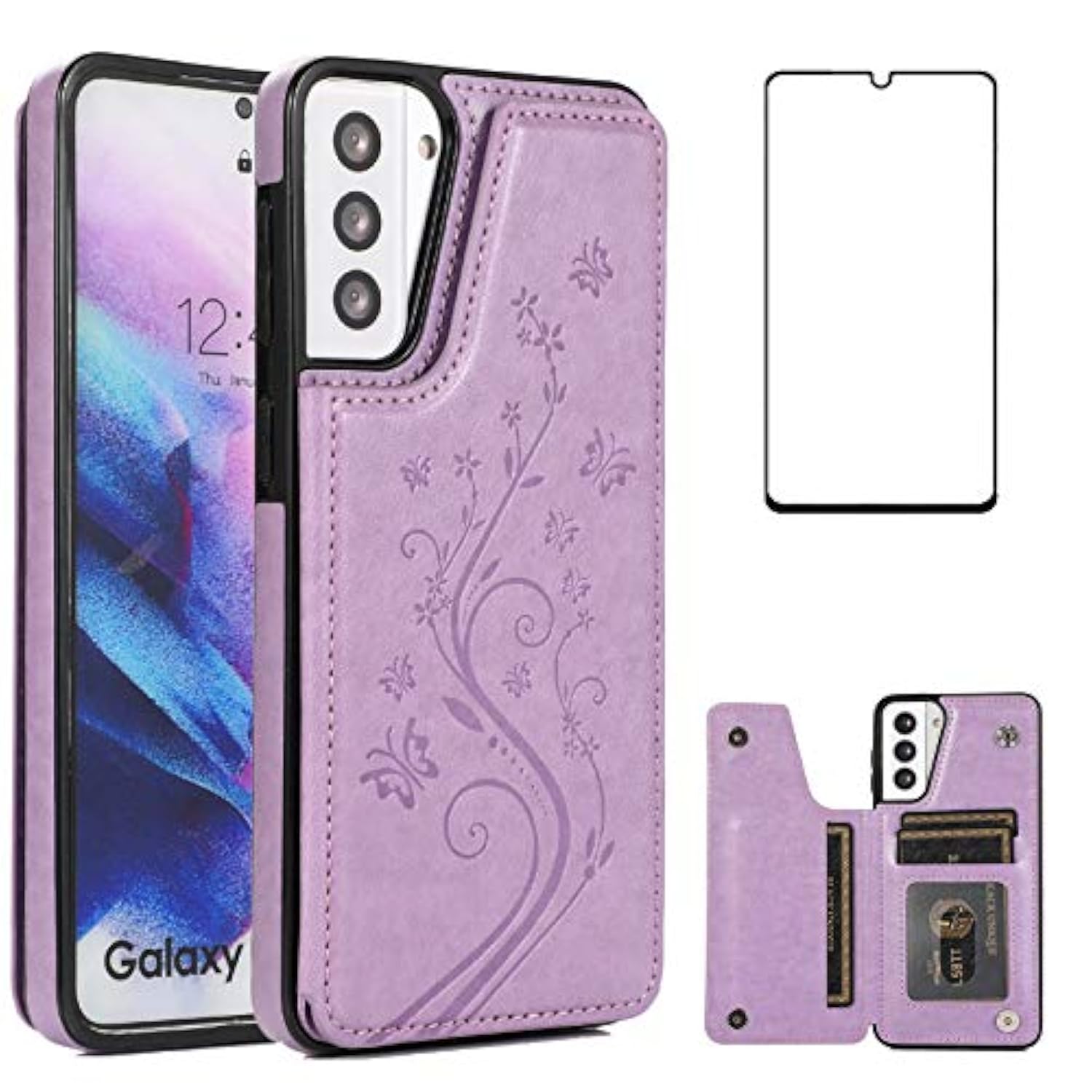 Samsung Galaxy S21 Plus 5G Leather Wallet Case With Tempered Glass, Card Holder, Stand - Women'S Purple