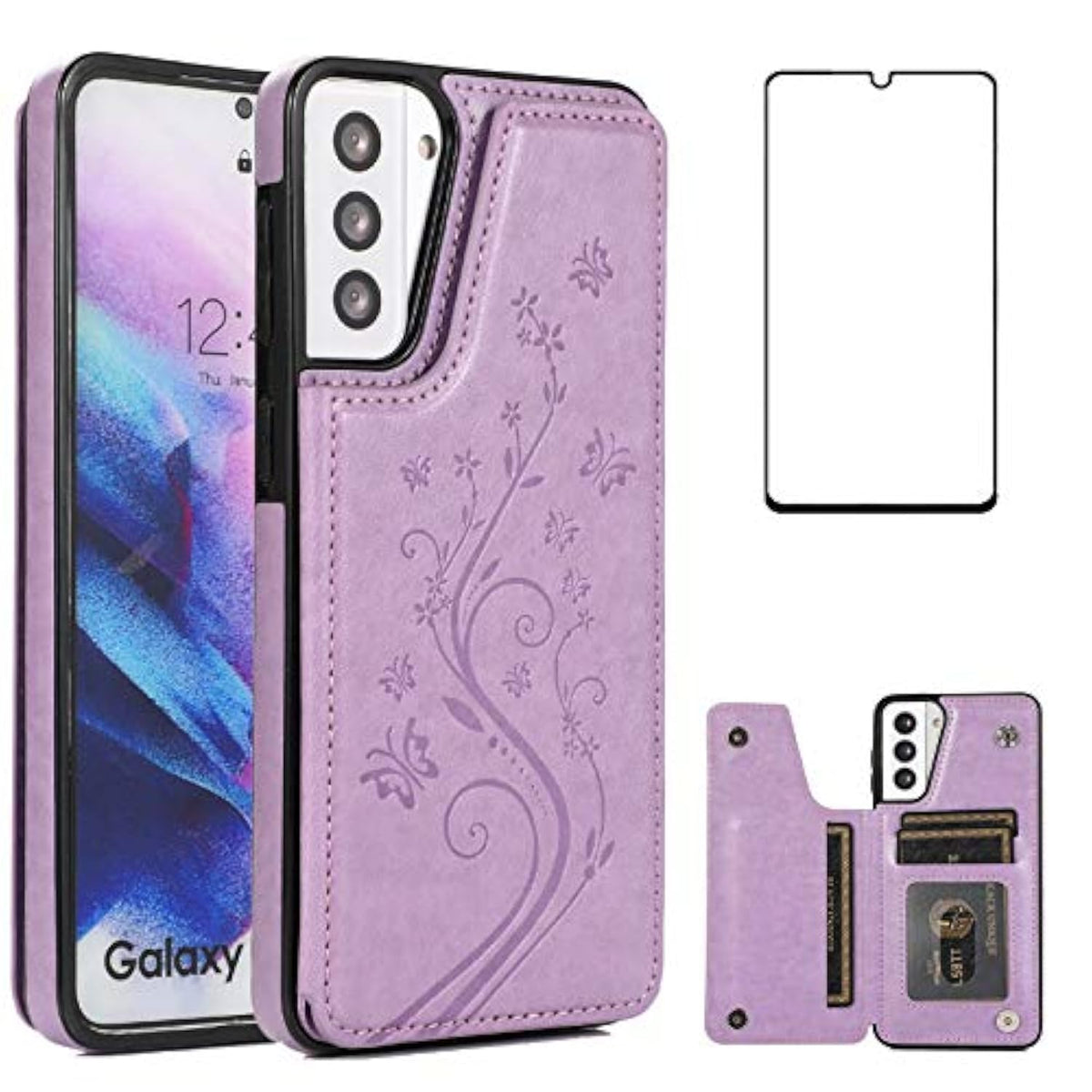 Samsung Galaxy S21 Plus 5G Leather Wallet Case With Tempered Glass, Card Holder, Stand - Women'S Purple