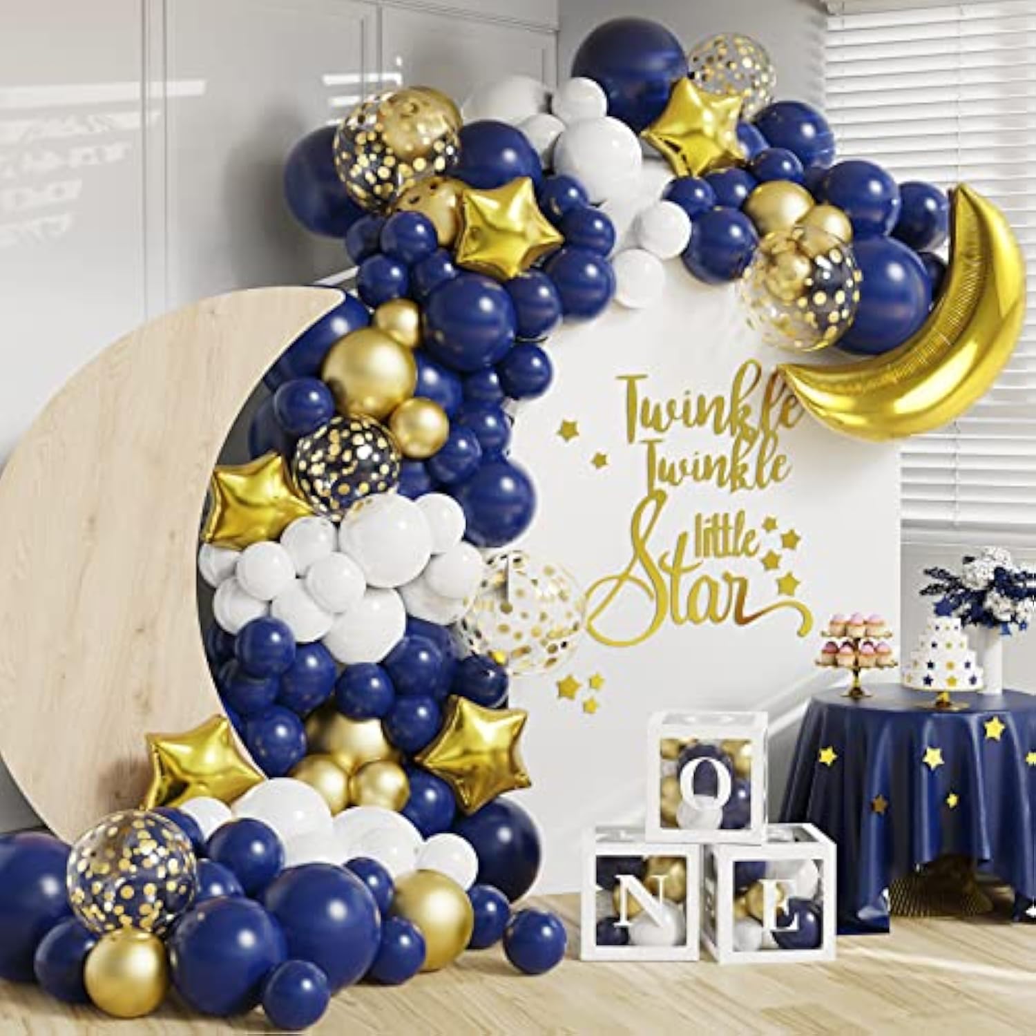 Twinkle Twinkle Little Star Party Decorations,127Pcs Navy Blue White Gold Balloon Garland Arch Kit,Moon And Star Foil Balloons Baby Shower Gender Reveal Birthday Ramadan Eid Mubarak Party Decorations