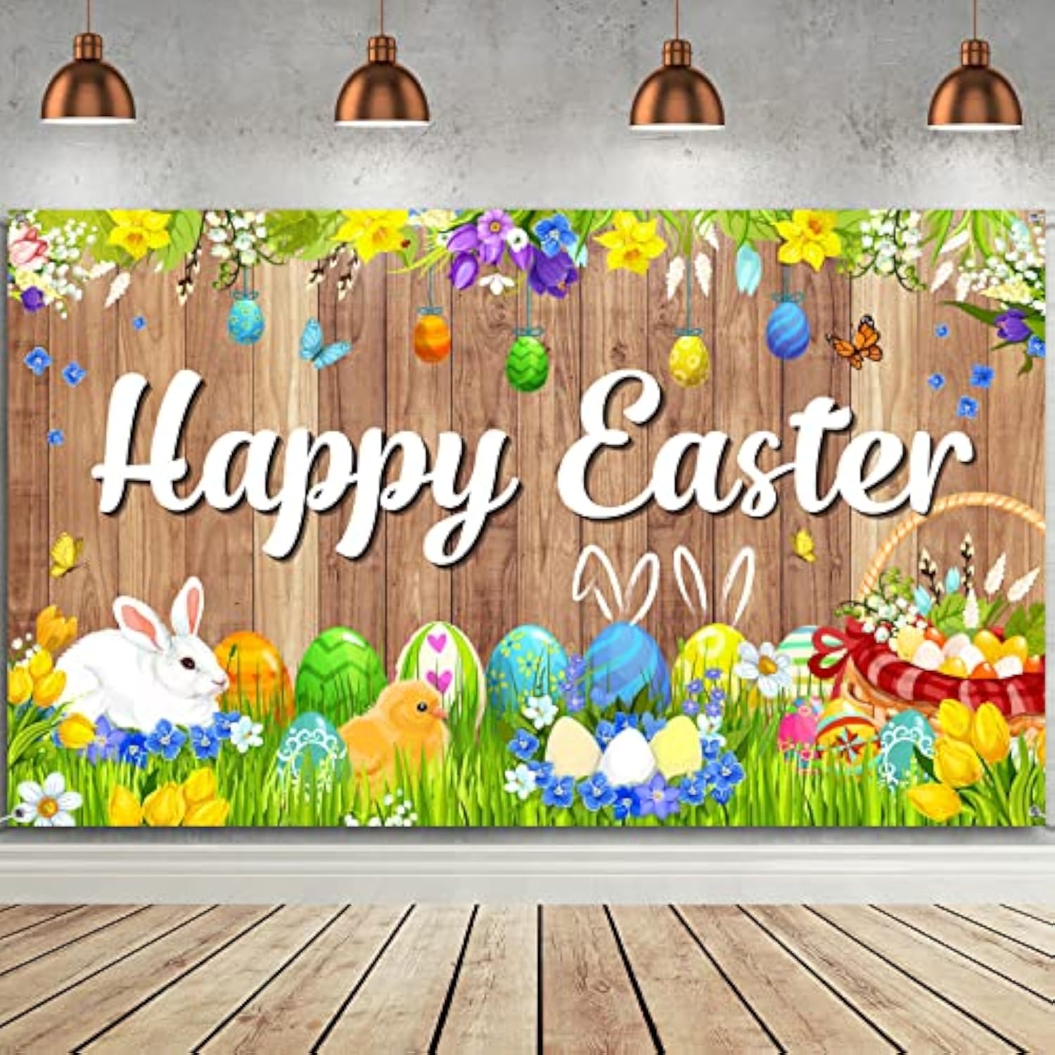 Happy Easter Backdrops Photography Banner Decorations Bunny Grassland Rustic Wood Background Eggs Banner For Jesus Easter Spring Party Decorations, 70.8 X 43.3 Inch