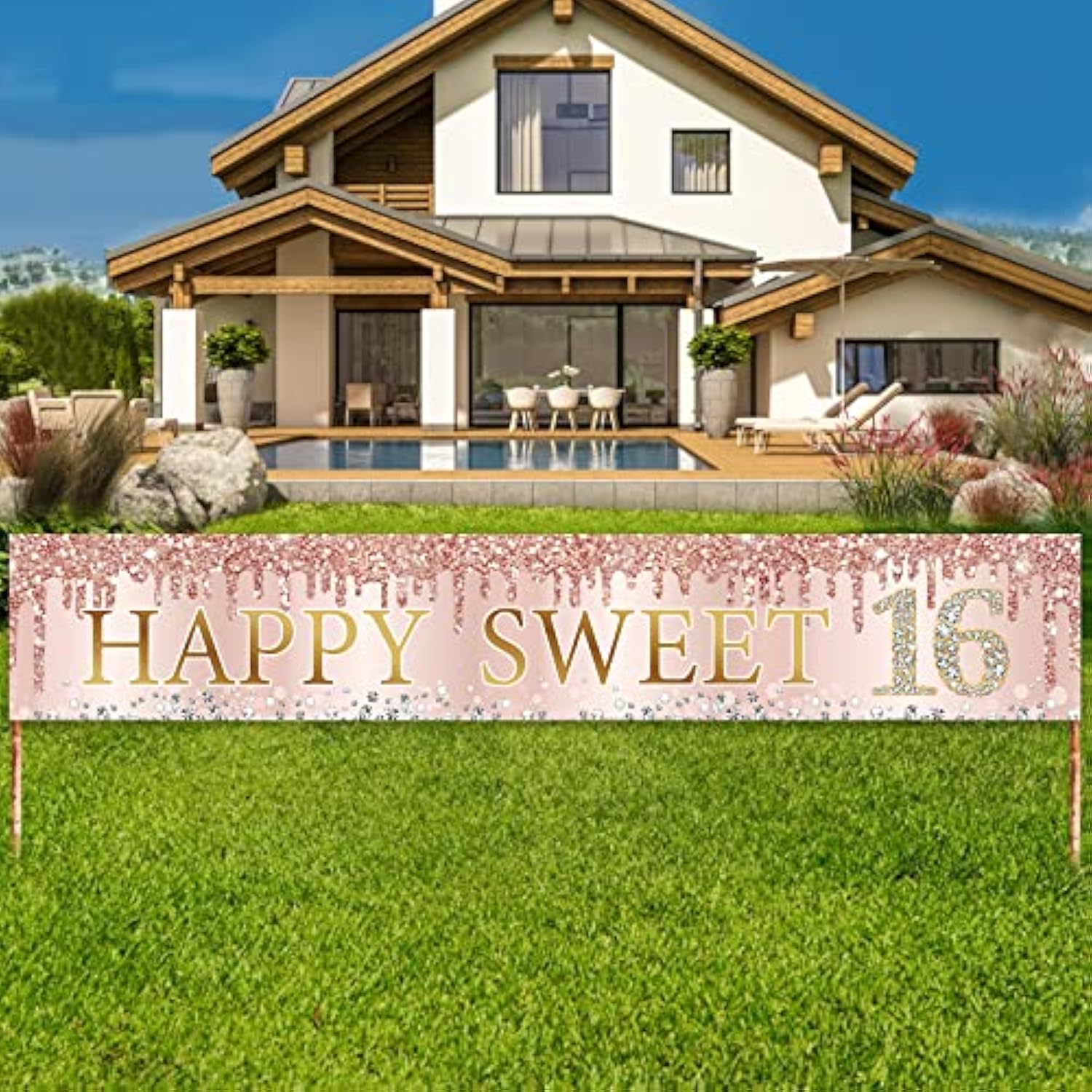 Sweet 16 Pink Rose Gold Birthday Banner Large 9.8×1.6Ft Party Decorations