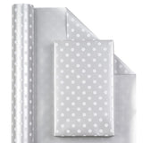 Reversible Wrapping Paper - Mini Roll - 17 Inch X 33 Feet - Silver Print And Polka Dot Design For Birthday, Holiday, Wedding, Baby Shower