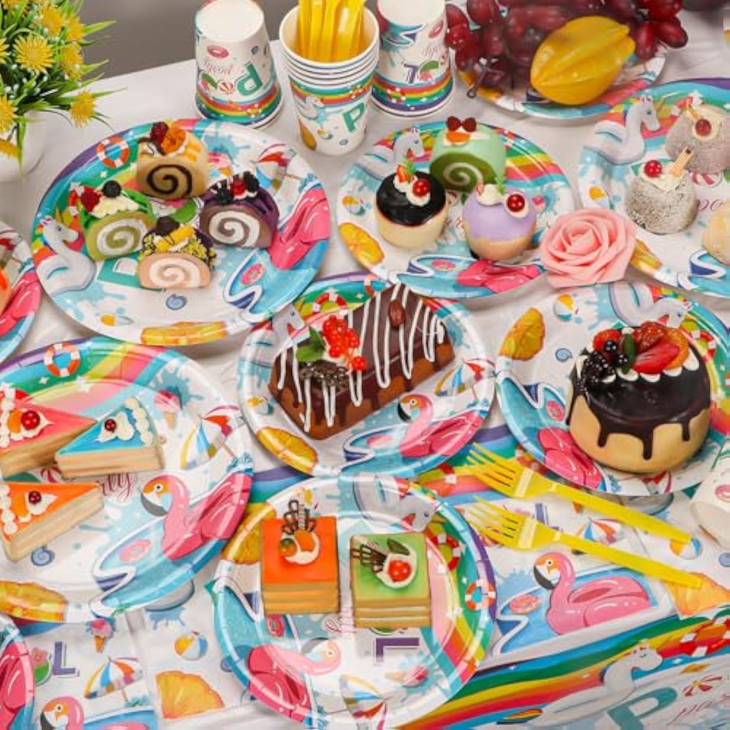 Pool Birthday Party Supplies, Disposable Pool Party Plates, Cups, Napkins, Cutlery And Tablecloth For Pool Birthday Themed Party Decorations Serves 24, Blue