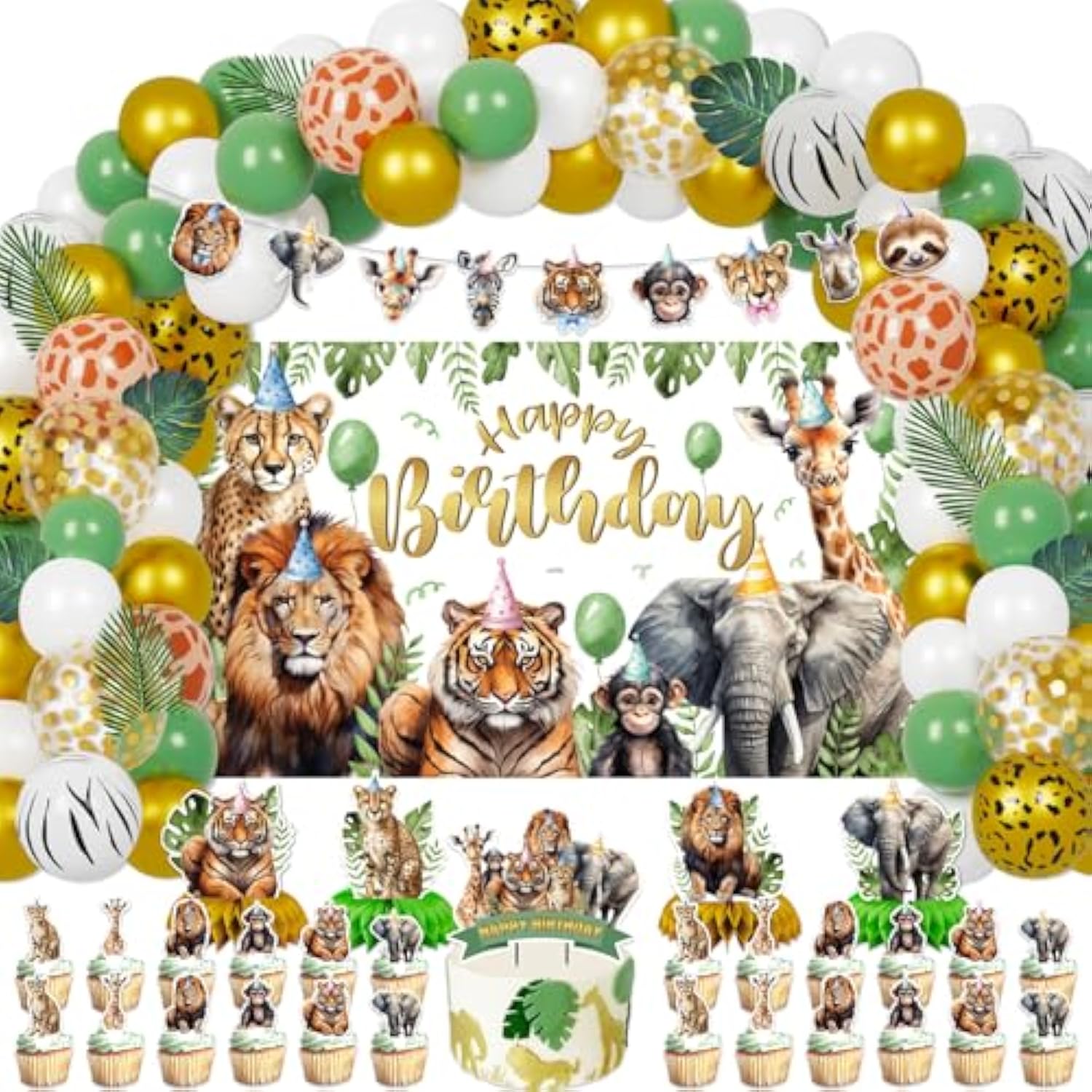 127Pcs Jungle Safari Birthday Decor Backdrop Banner Cake Cupcake Toppers Leaves