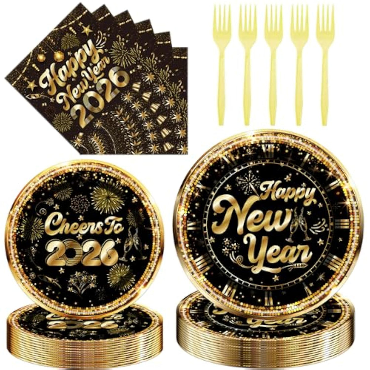 Happy New Years Decorations - 96 Pcs Cheers To 2026 Eve Plates And Napkins Forks Tableware Black And Gold Paper Disposable Dessert Dinner Dinnerware Party Supplies Set Gift Serve 24 Guests