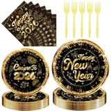 Happy New Years Decorations - 96 Pcs Cheers To 2026 Eve Plates And Napkins Forks Tableware Black And Gold Paper Disposable Dessert Dinner Dinnerware Party Supplies Set Gift Serve 24 Guests
