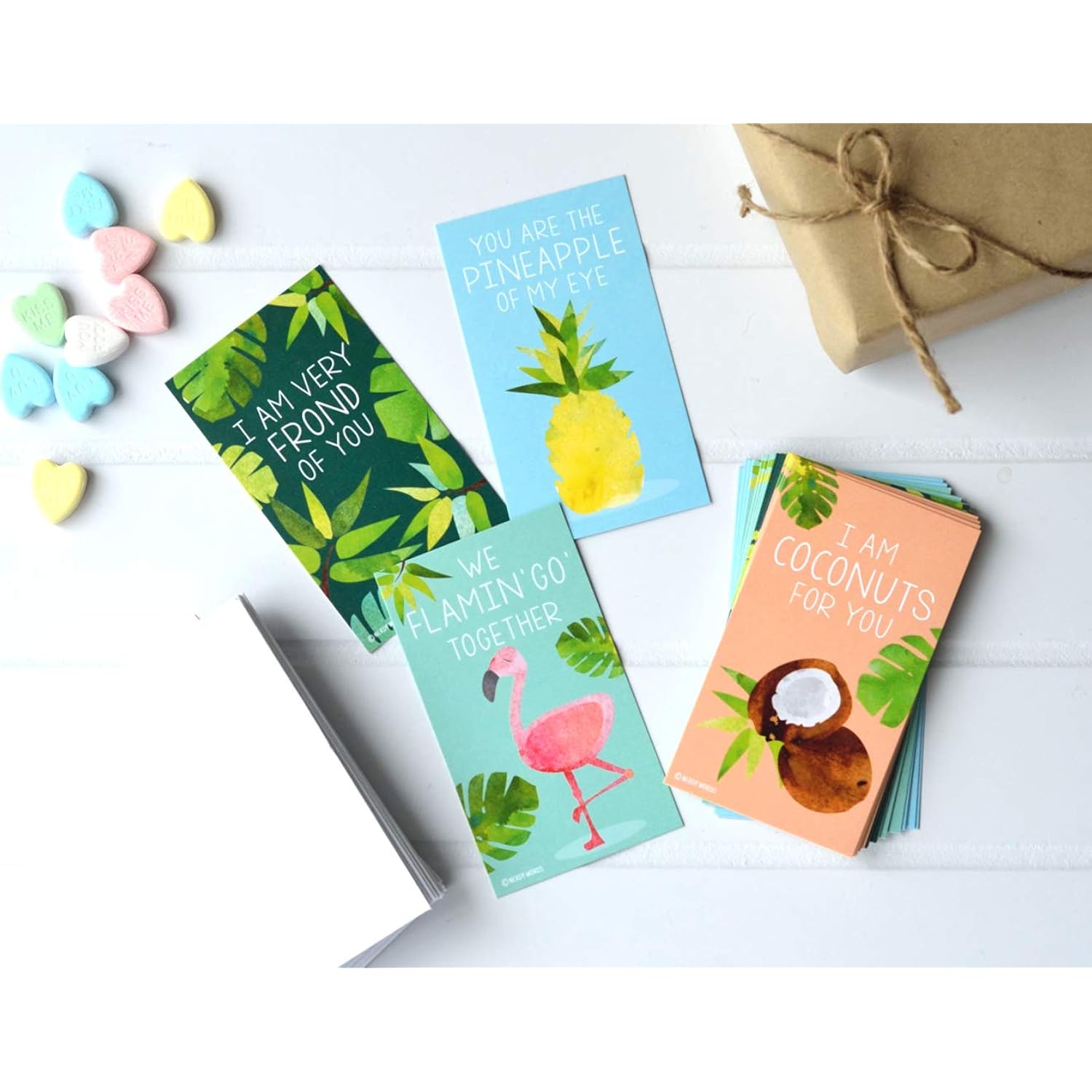 Mini Tropical Flamingo Pineapple Palm Leaf Coconut Valentines (Set Of 24, Wallet-Sized Cards) For Valentine'S Day